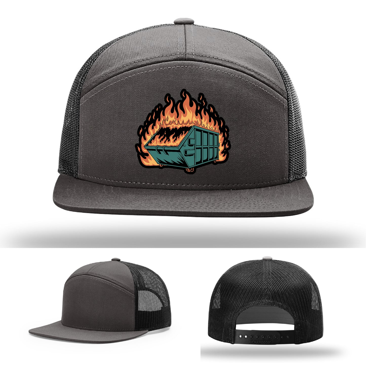 Custom patch hat capturing the dumpster fire vibe showcasing your sense of humor – ironic gear with real leather patch