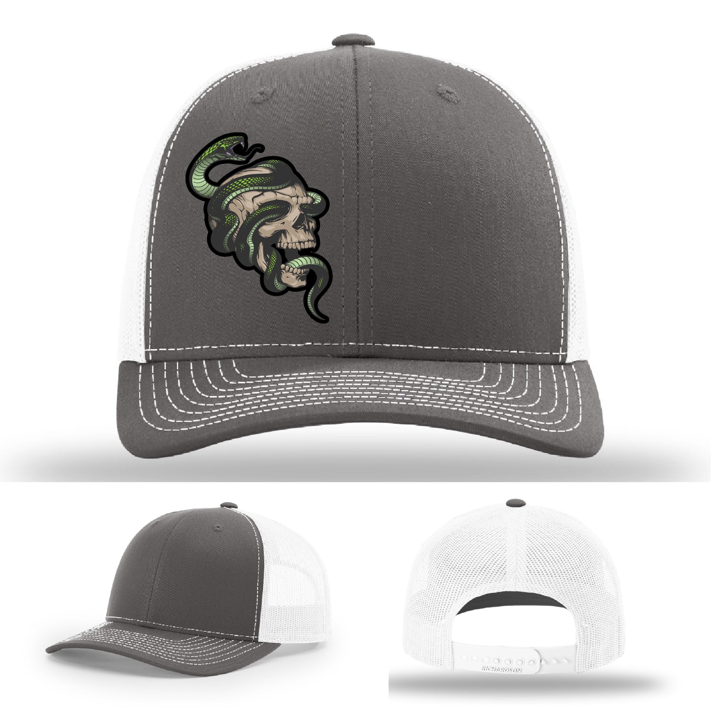 Custom Richardson hat with leather patch featuring skull and green snake design – dark streetwear style.