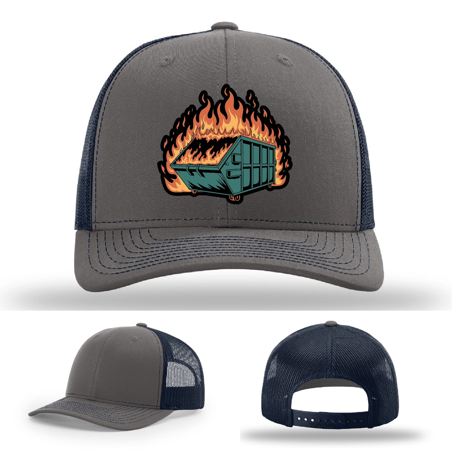Relatable dumpster fire leather patch hat design a bold reminder of real-life disasters – when your week feels like a blaze