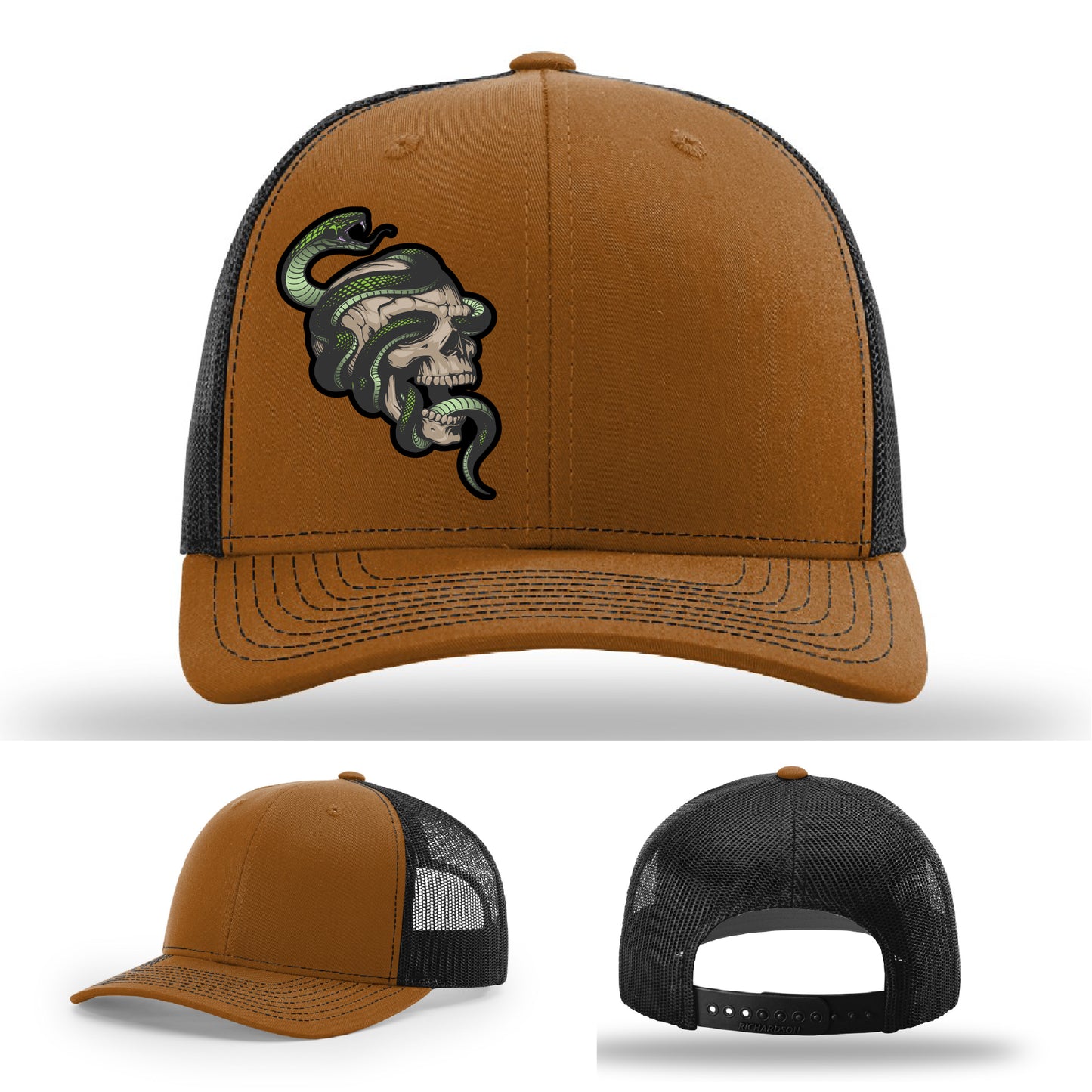 Custom Richardson hat with leather patch featuring skull and green snake design – dark streetwear style.