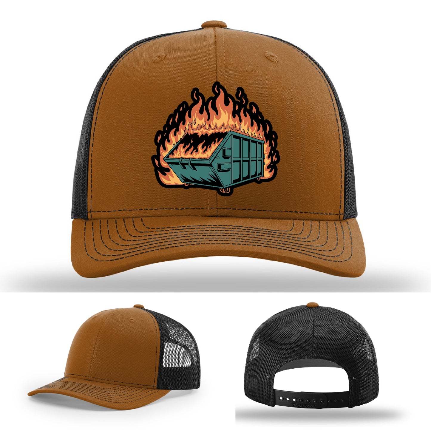 Humorous custom hat with dumpster fire patch crafted for sarcastic style – sharp, clean, and chaotic