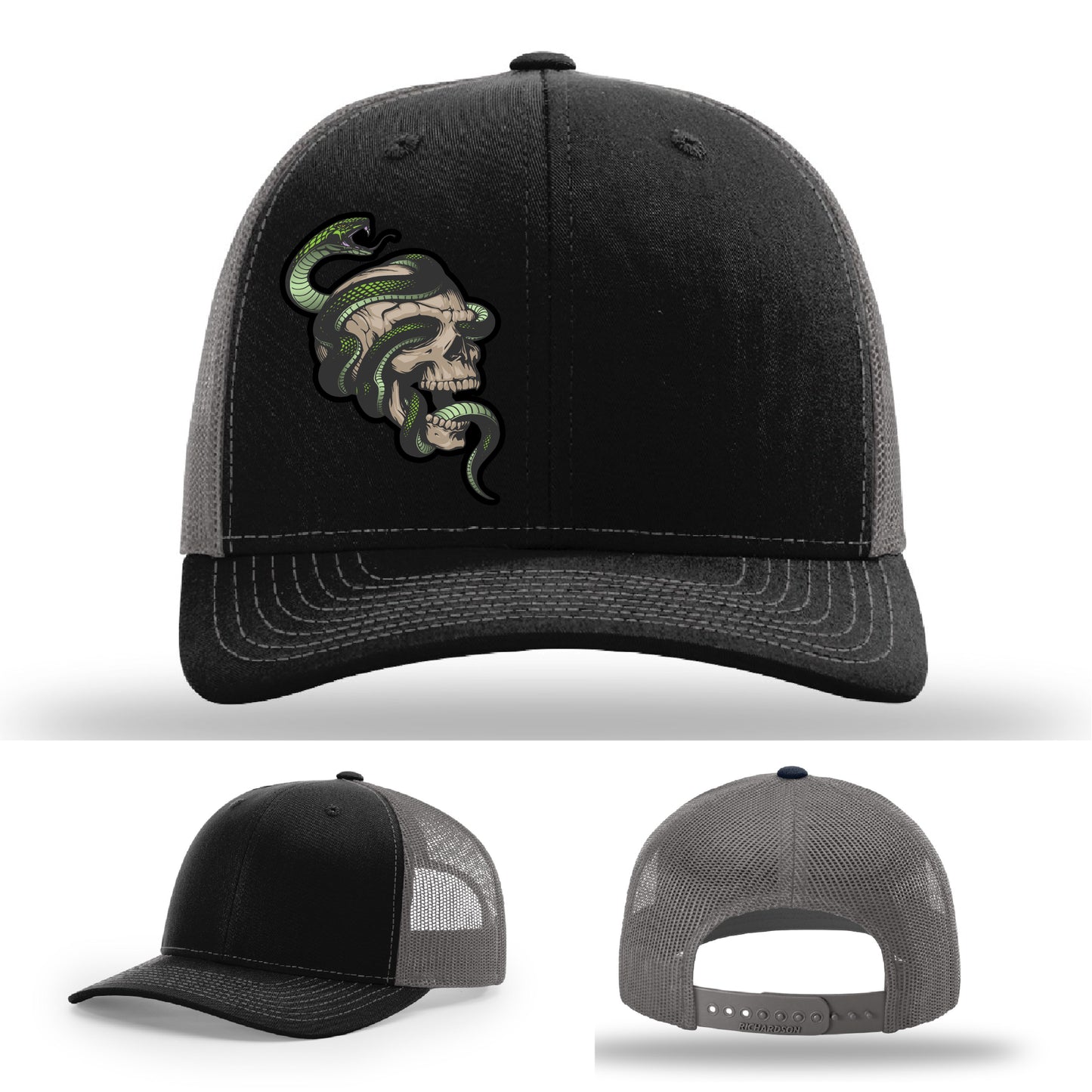 Custom Richardson hat with leather patch featuring skull and green snake design – dark streetwear style.