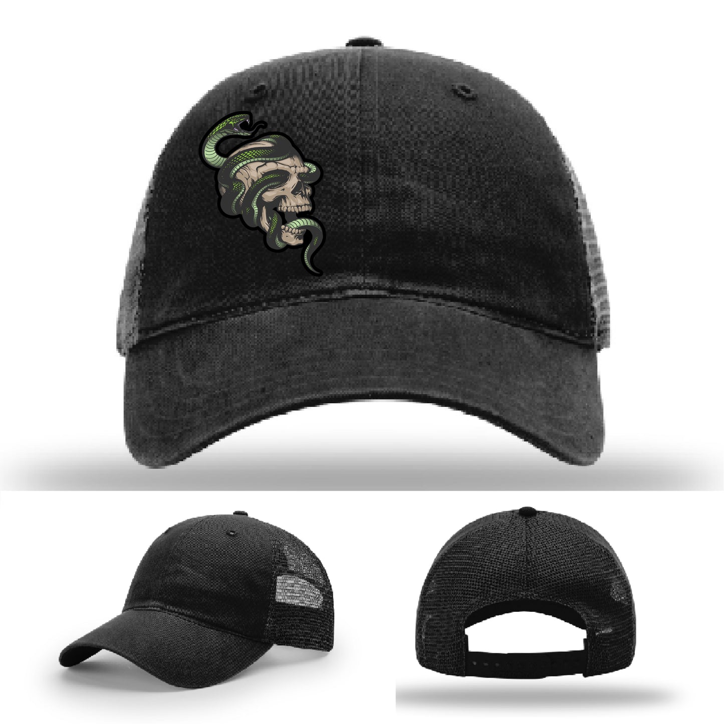 Custom Richardson hat with leather patch featuring skull and green snake design – dark streetwear style.
