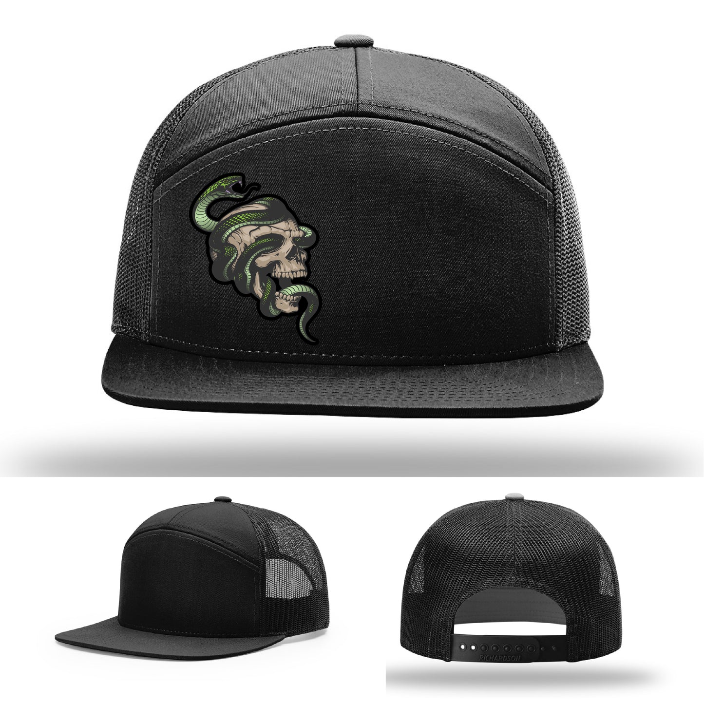 Custom Richardson hat with leather patch featuring skull and green snake design – dark streetwear style.