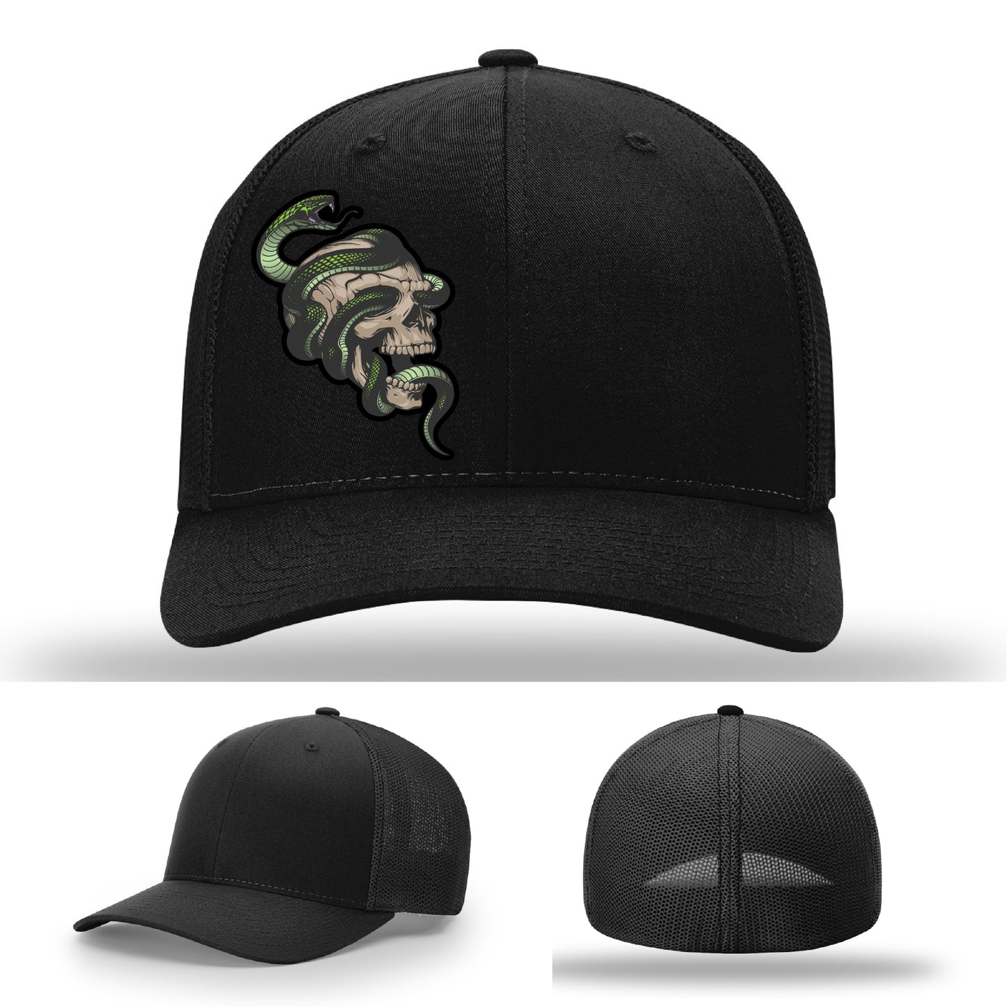 Custom Richardson hat with leather patch featuring skull and green snake design – dark streetwear style.