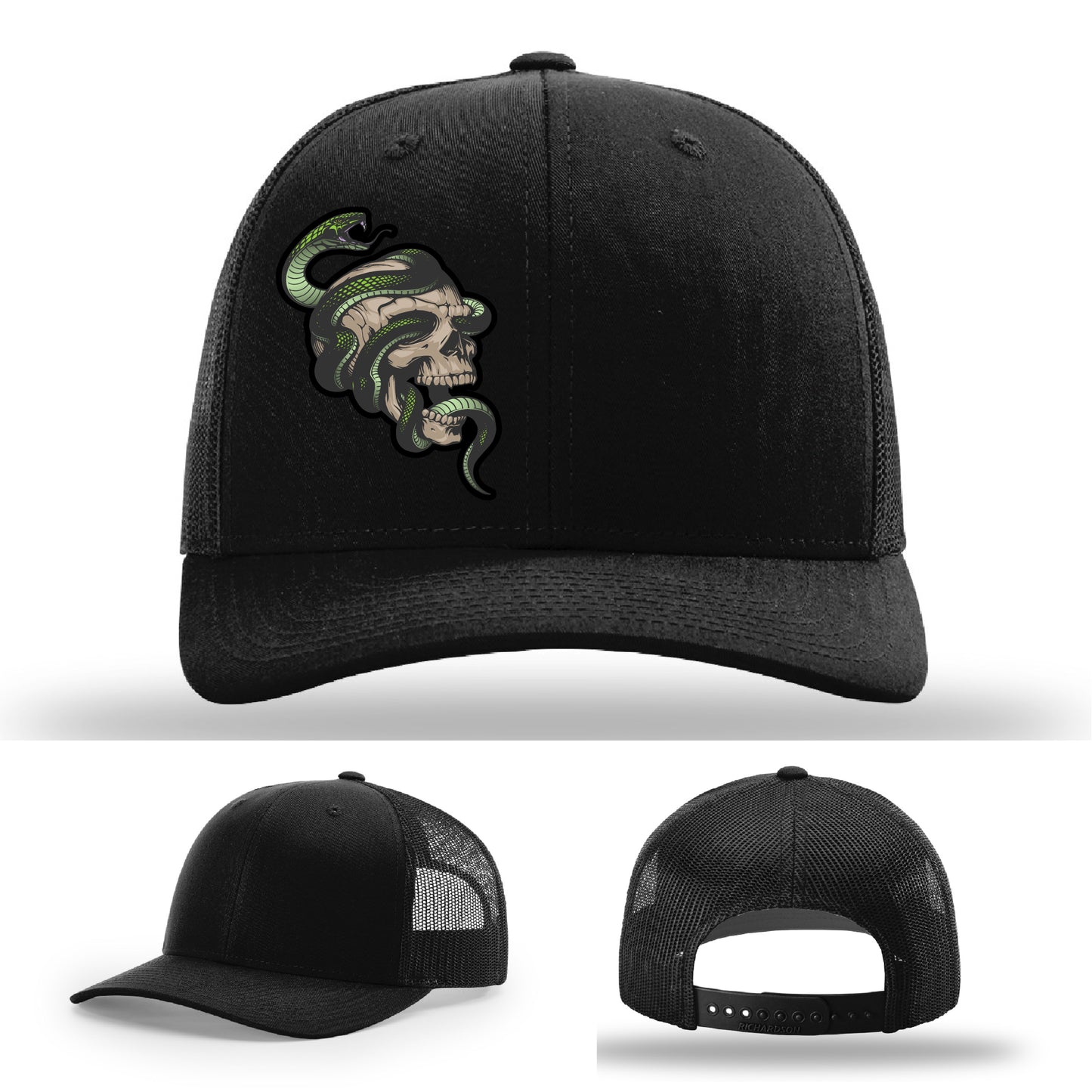 Custom Richardson hat with leather patch featuring skull and green snake design – dark streetwear style.