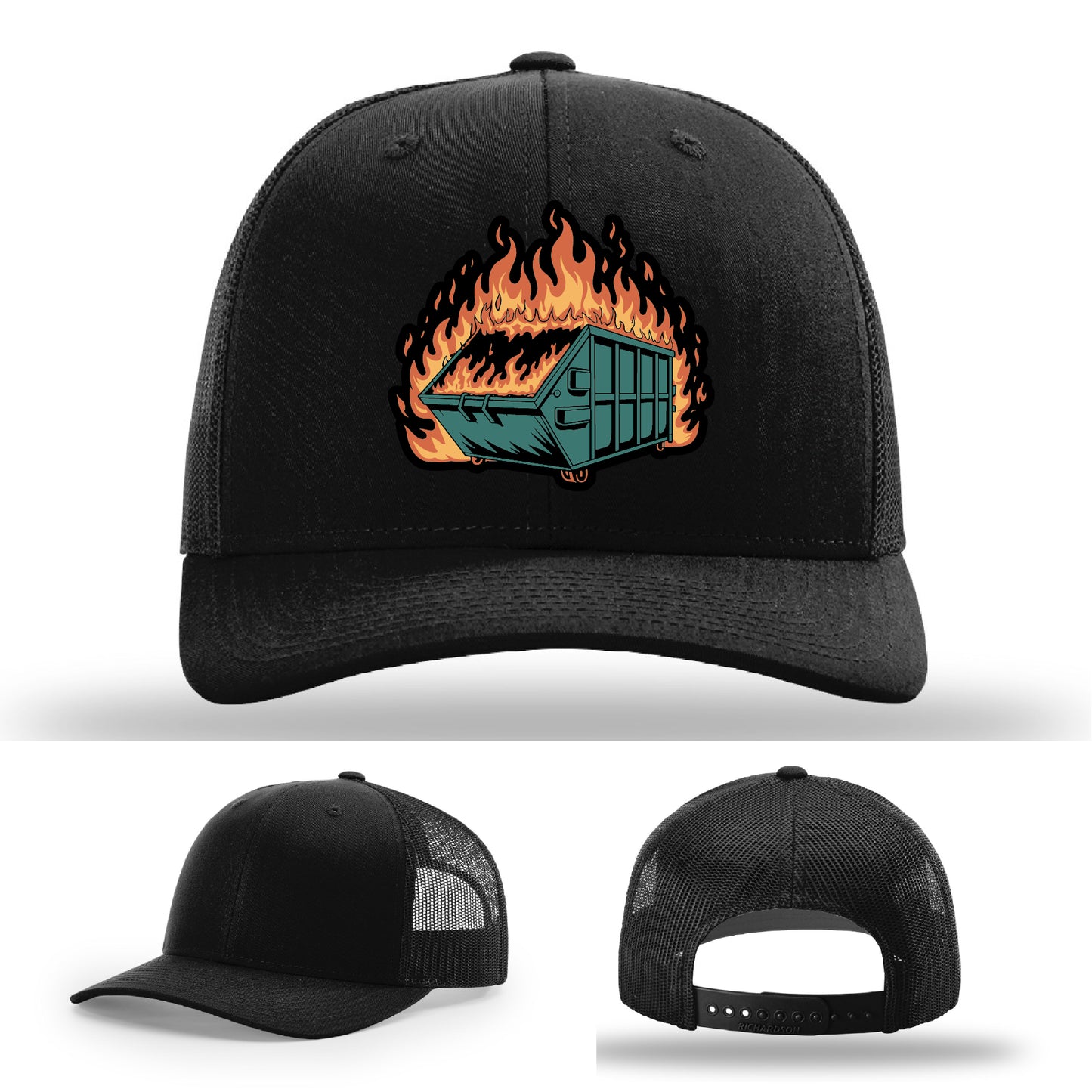 Custom leather patch hat with dumpster fire design perfect for embracing the chaos – custom made and fully relatable