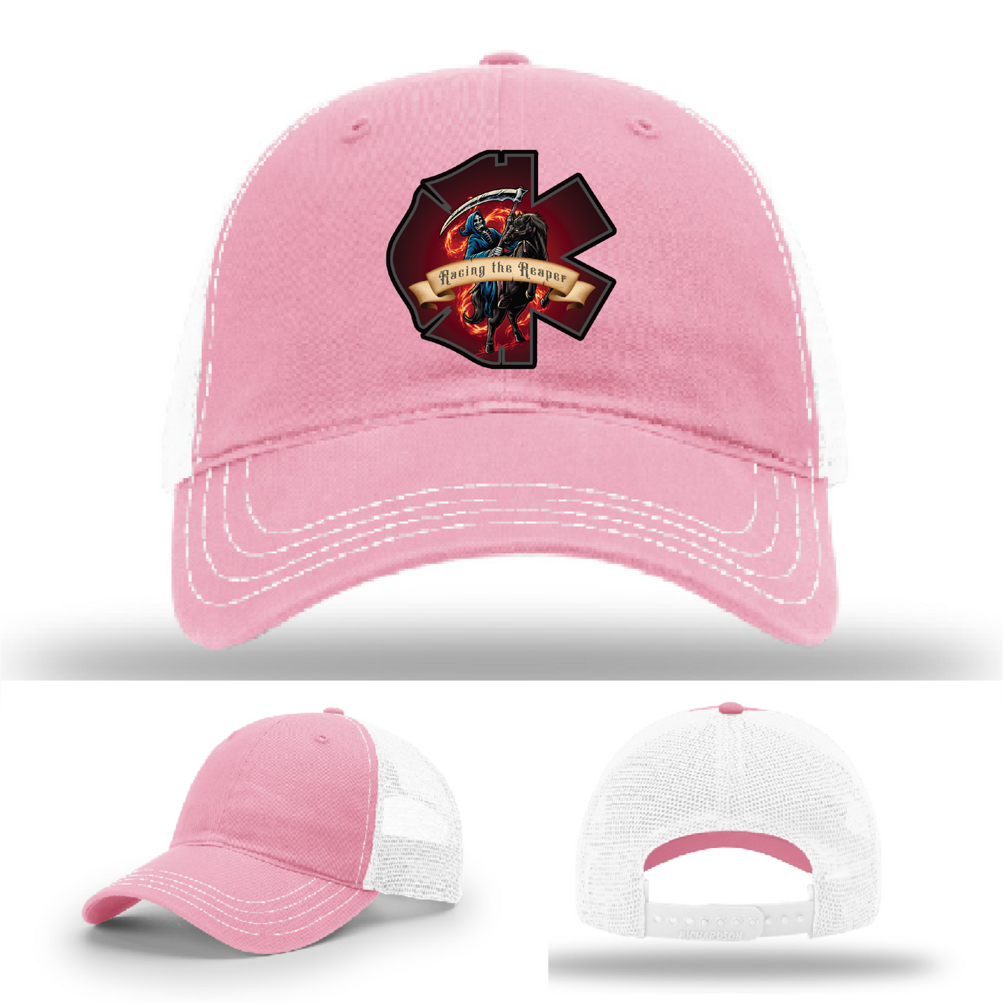 Grim Reaper firefighter patch variations – leather EMS logo styles on Richardson hats