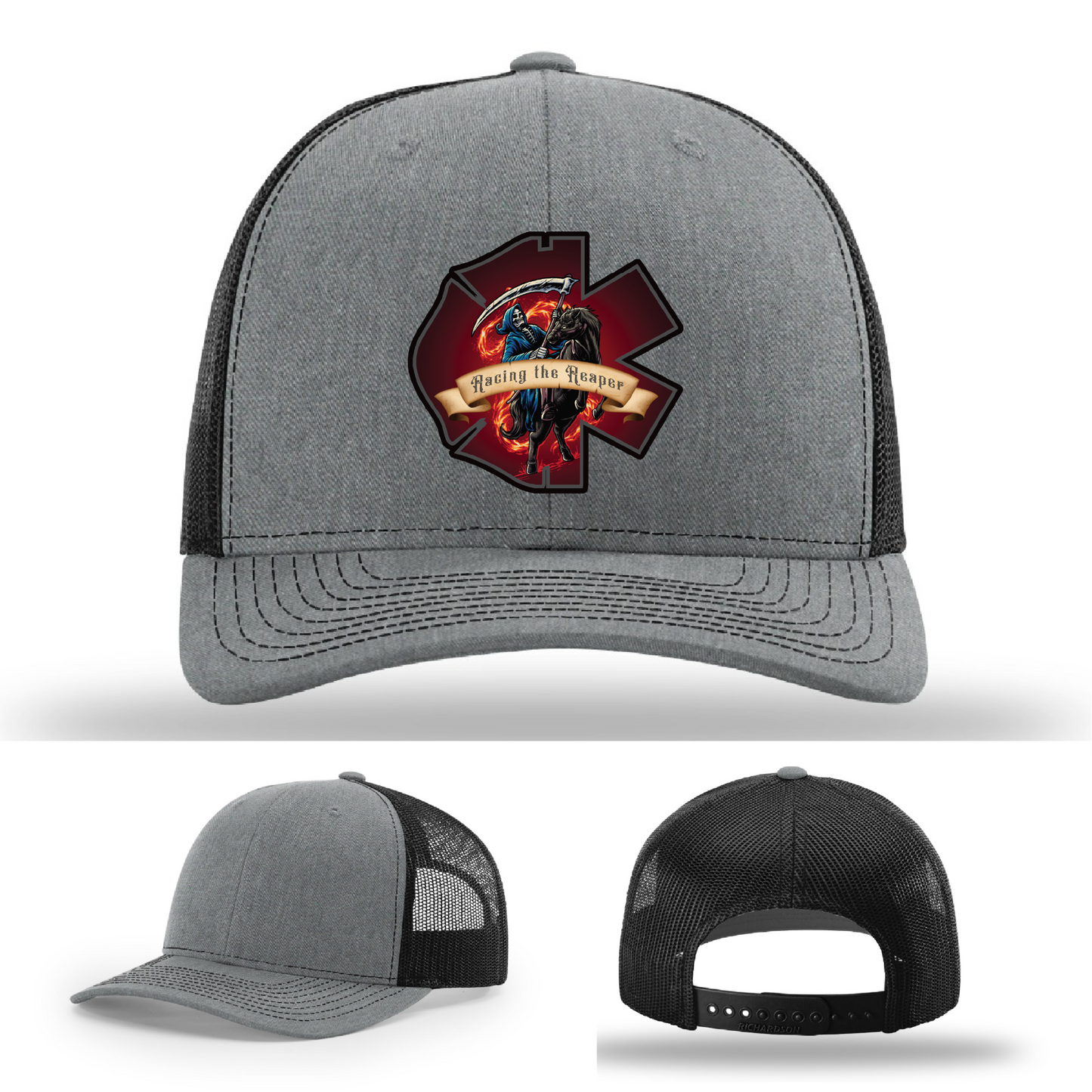 Leather firefighter patch variants – Racing the Reaper logo on Richardson hats