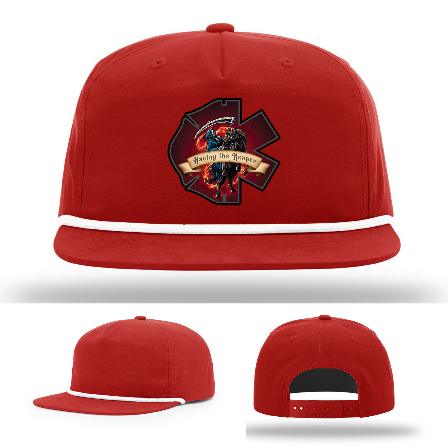 Firefighter hat variants – Racing the Reaper patch designs in leather on Richardson