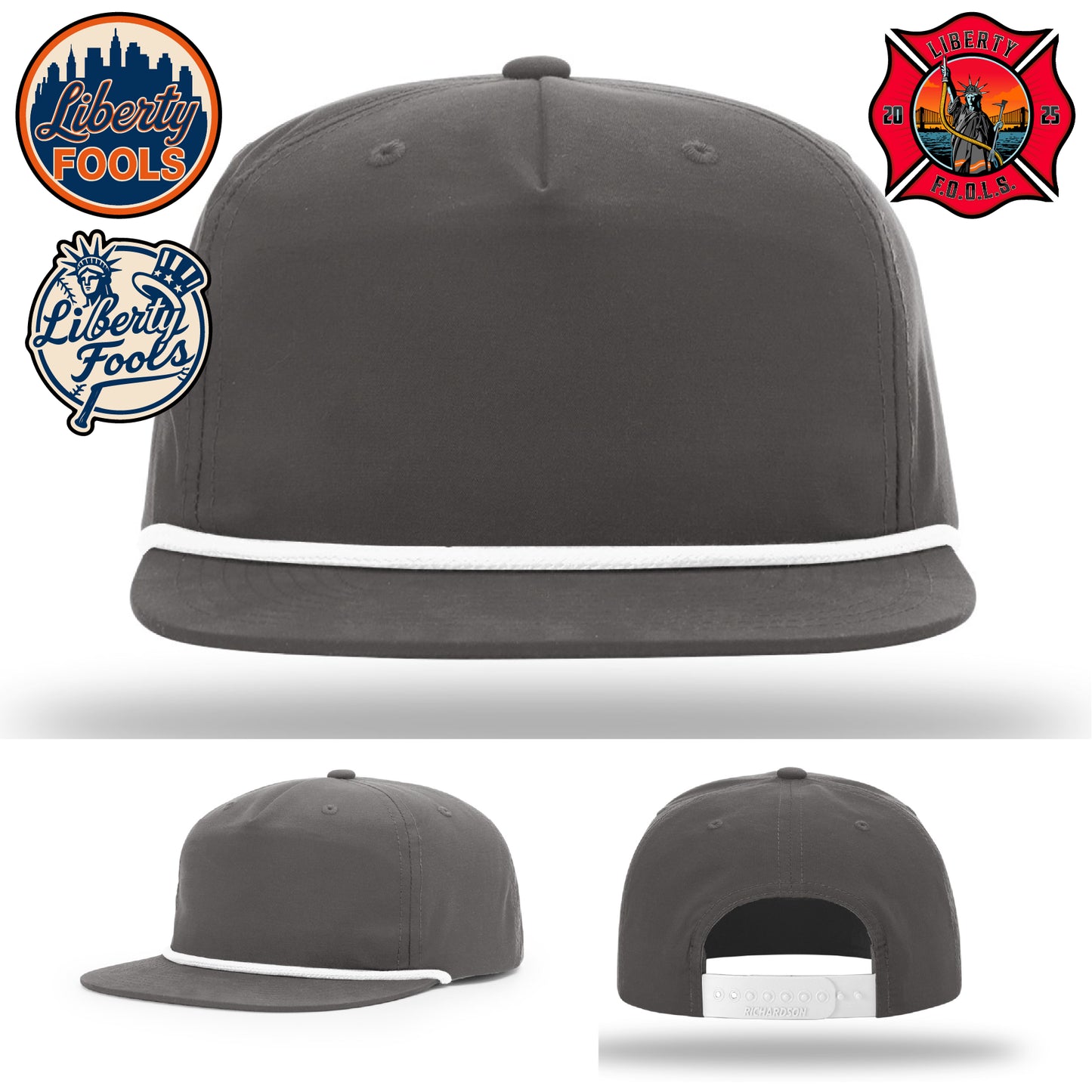 Liberty City FOOLS firefighter hat logo variants β patch previews for Liberty FOOLS customization.