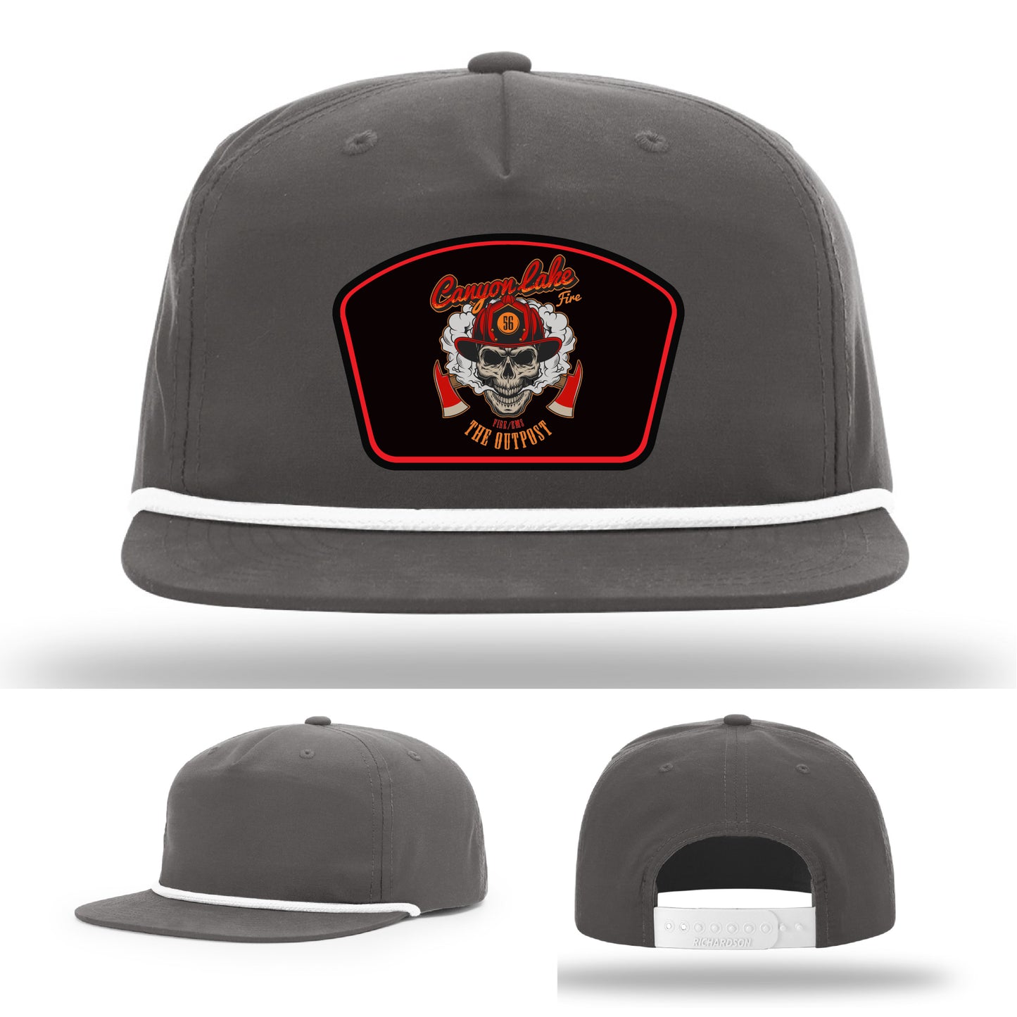 firefighter hat for Canyon Lake crews – detailed patchwork front