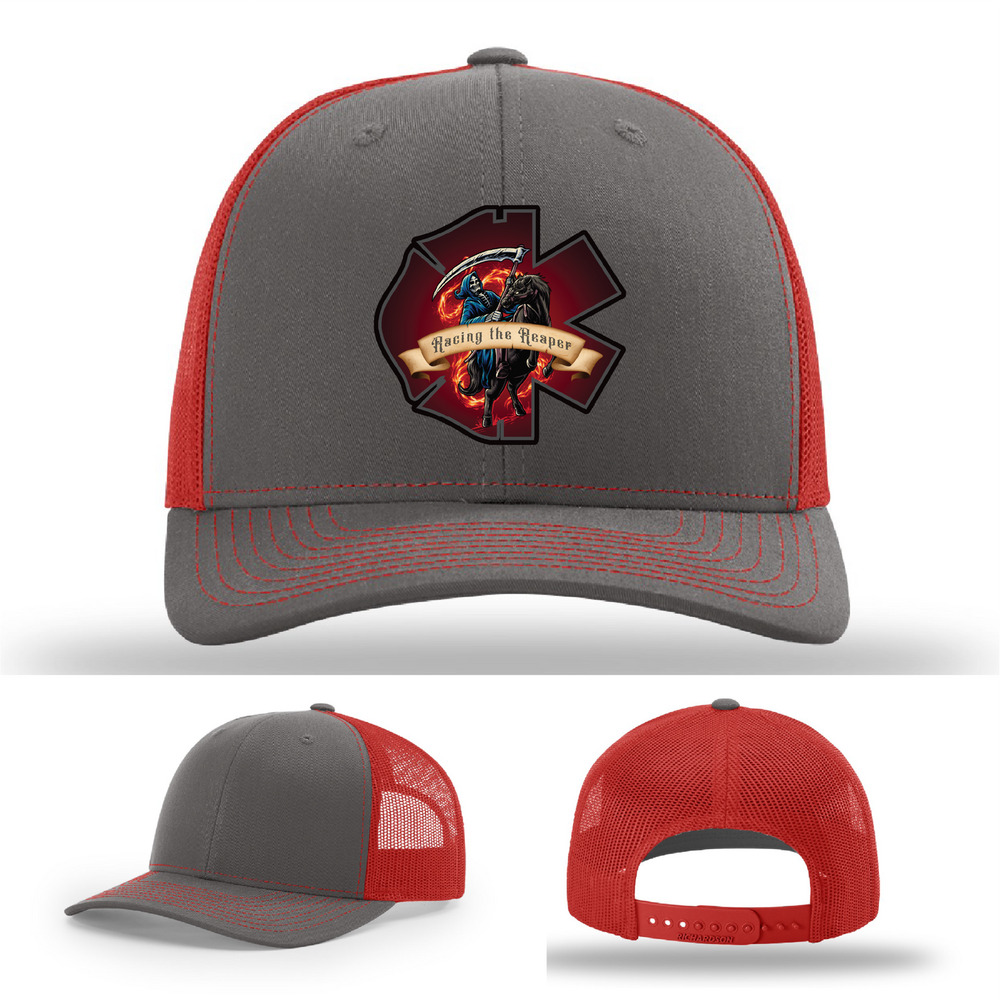 EMS firefighter leather patches – Racing the Reaper logos across Richardson hats
