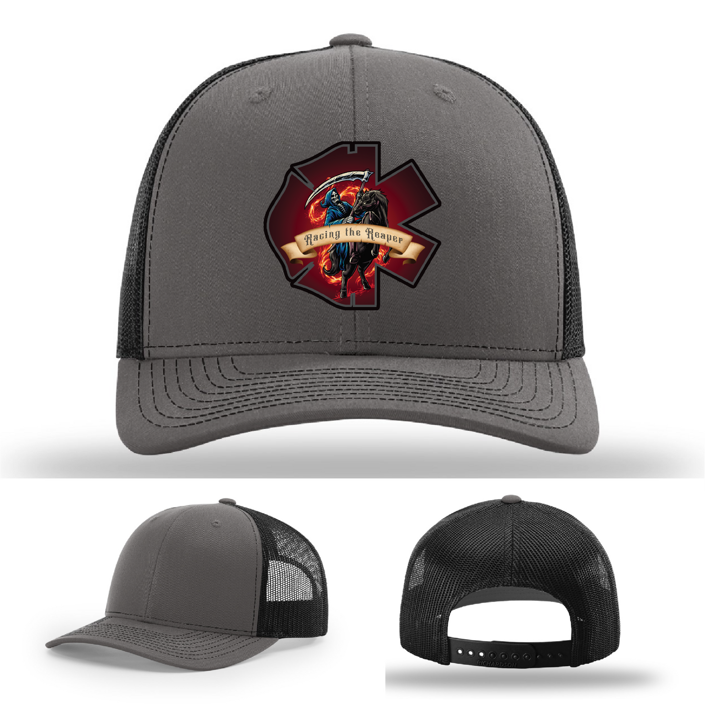 Racing the Reaper themed hat logos – leather firefighter patch variants shown