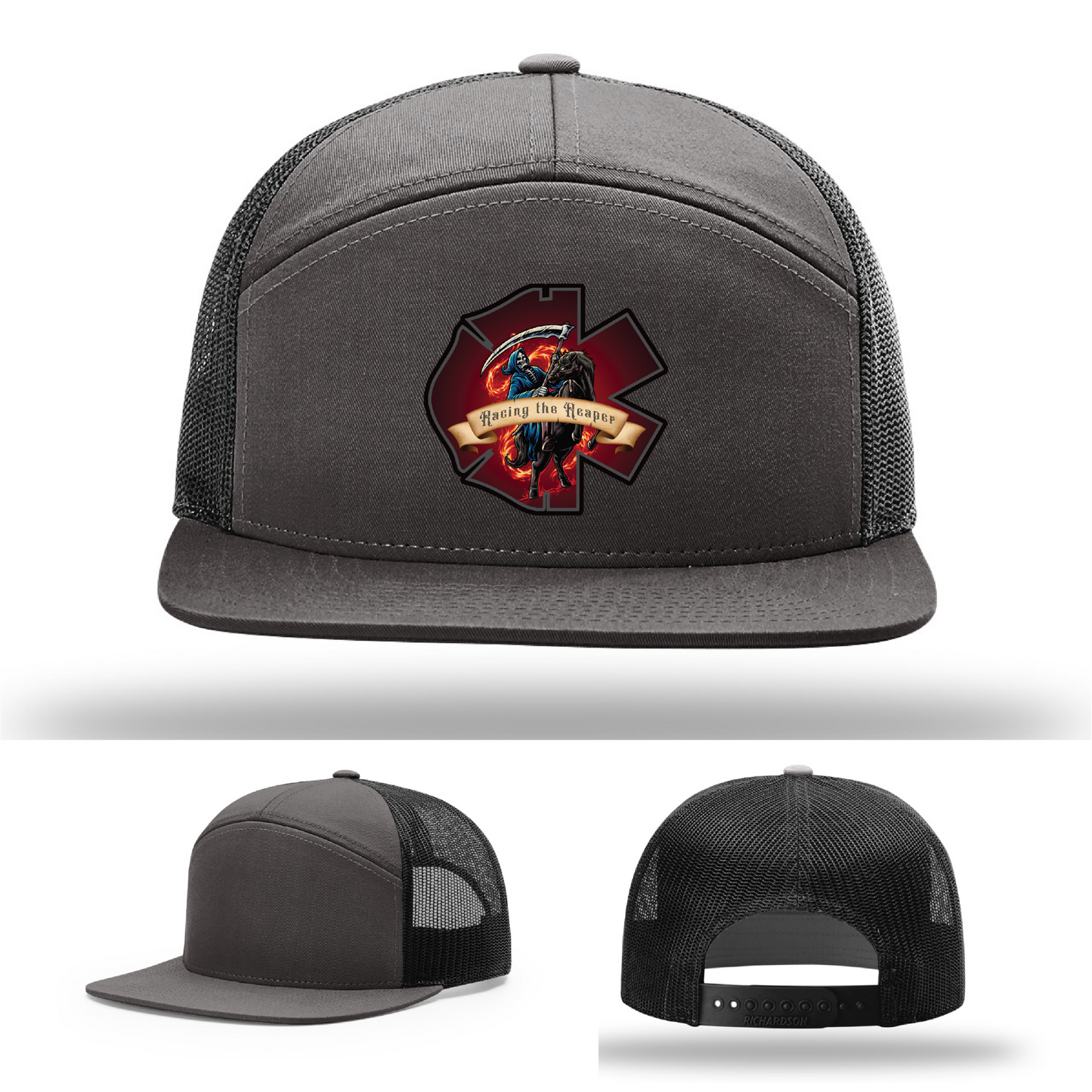 Hat logo variants for EMS and firefighters – Racing the Reaper leather patch designs