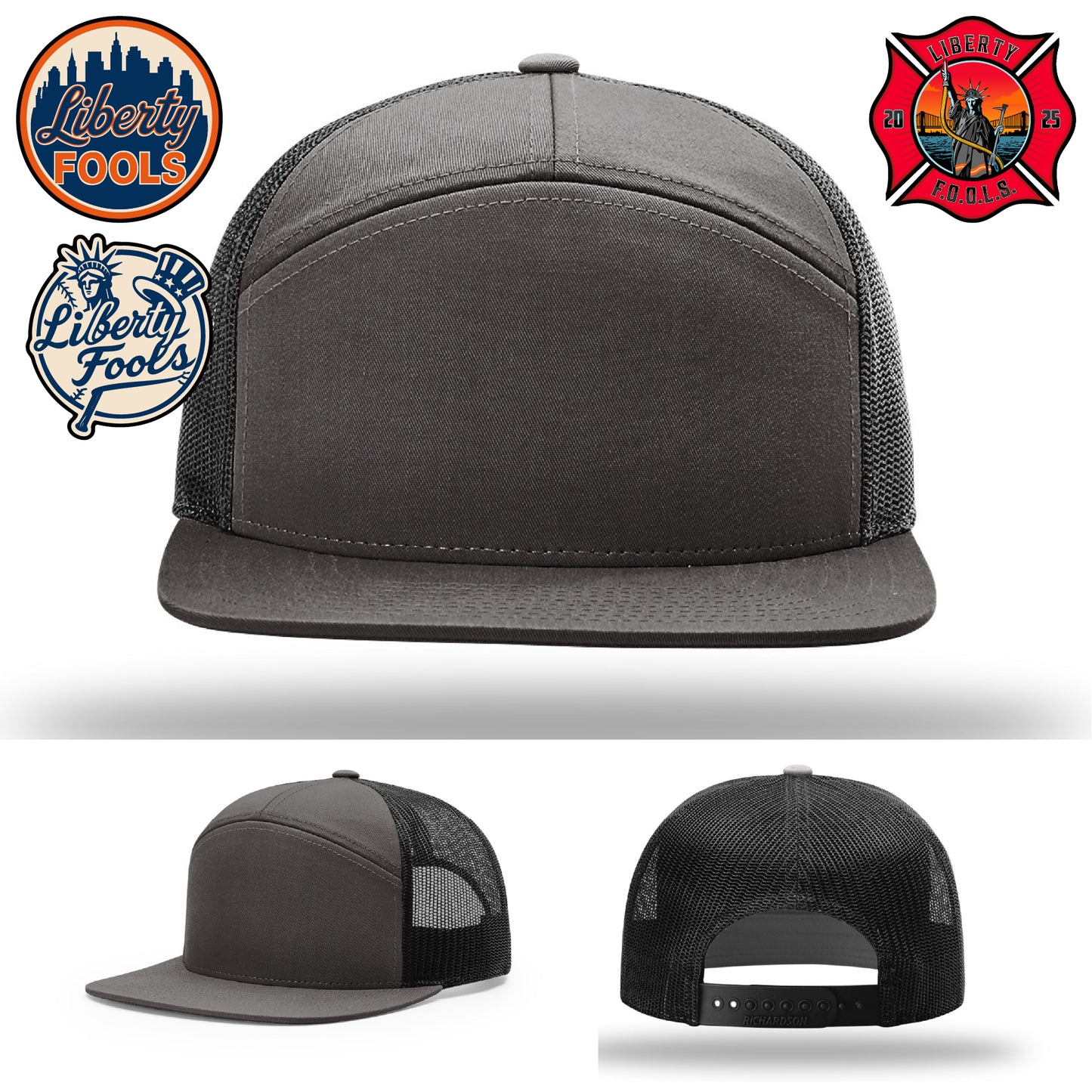 Liberty City FOOLS firefighter hat logo variants β showing different Liberty FOOLS visual styles.