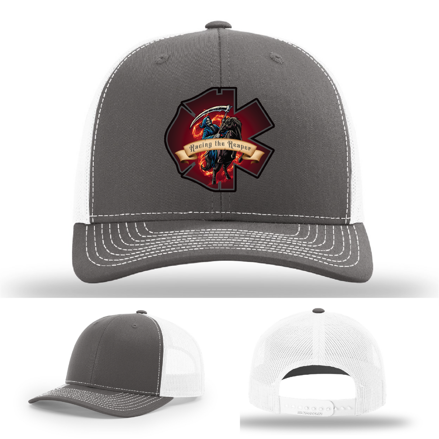 Racing the Reaper fire patch options – leather logos on Richardson firefighter hats