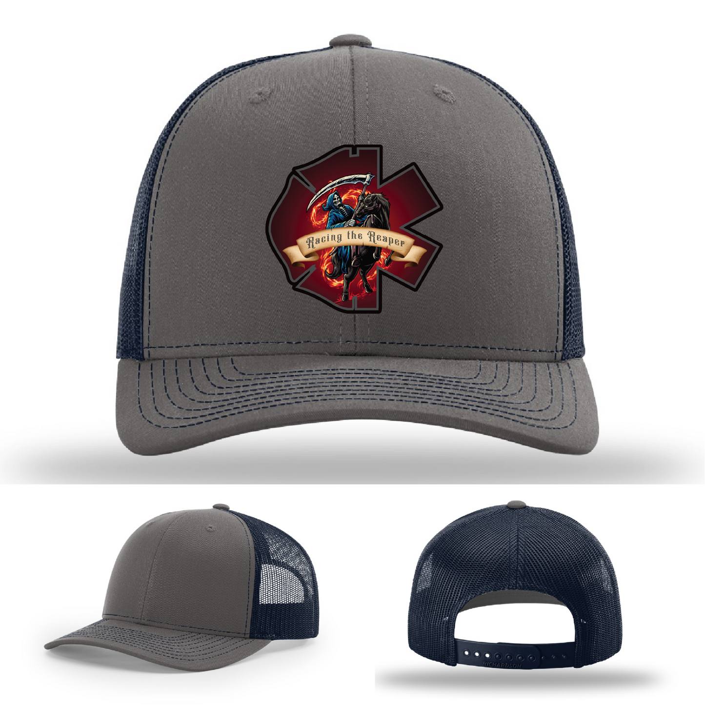 Leather patch variants – Grim Reaper themed firefighter logos on Richardson hats