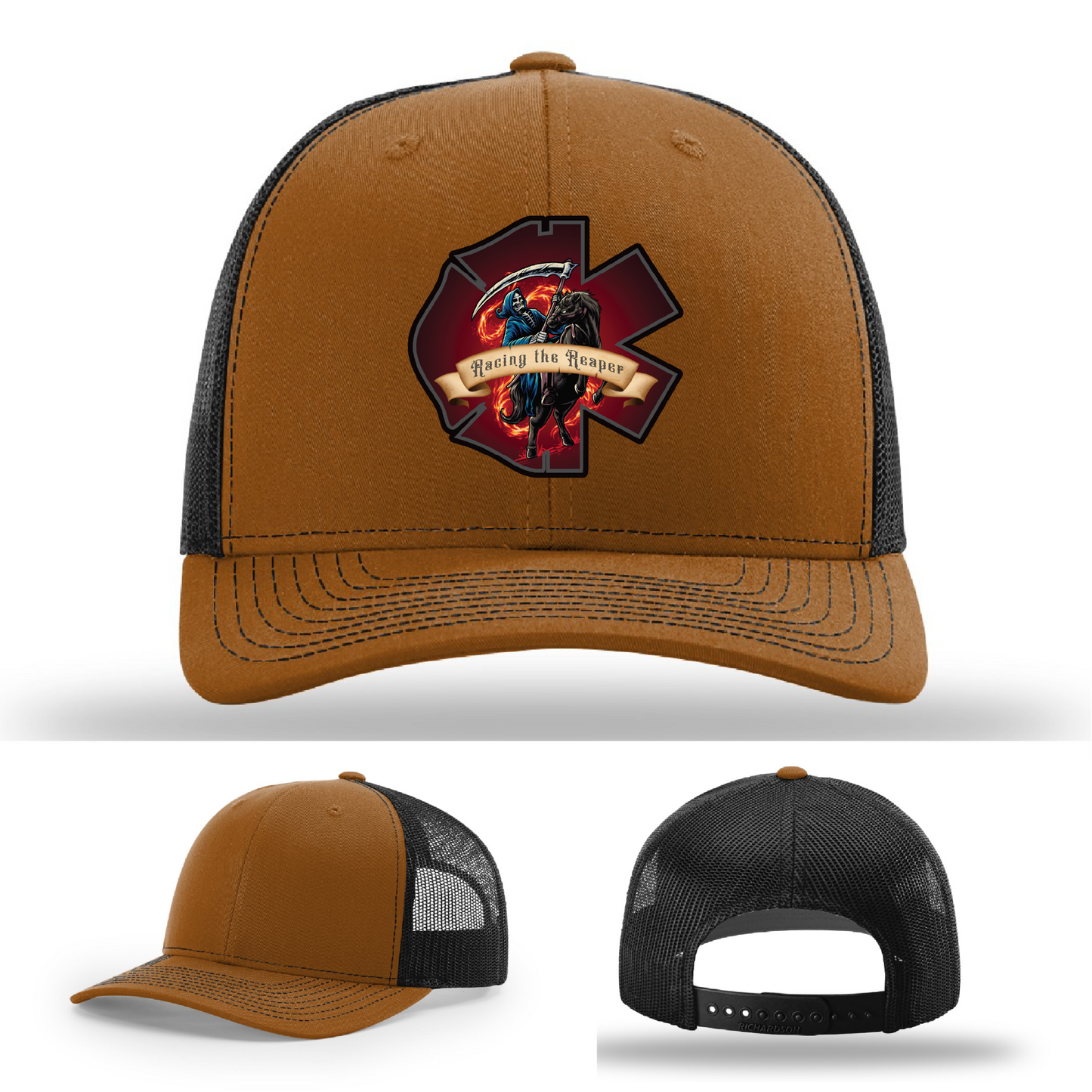 Firefighter hat styles – Racing the Reaper leather patch logos across Richardson variants