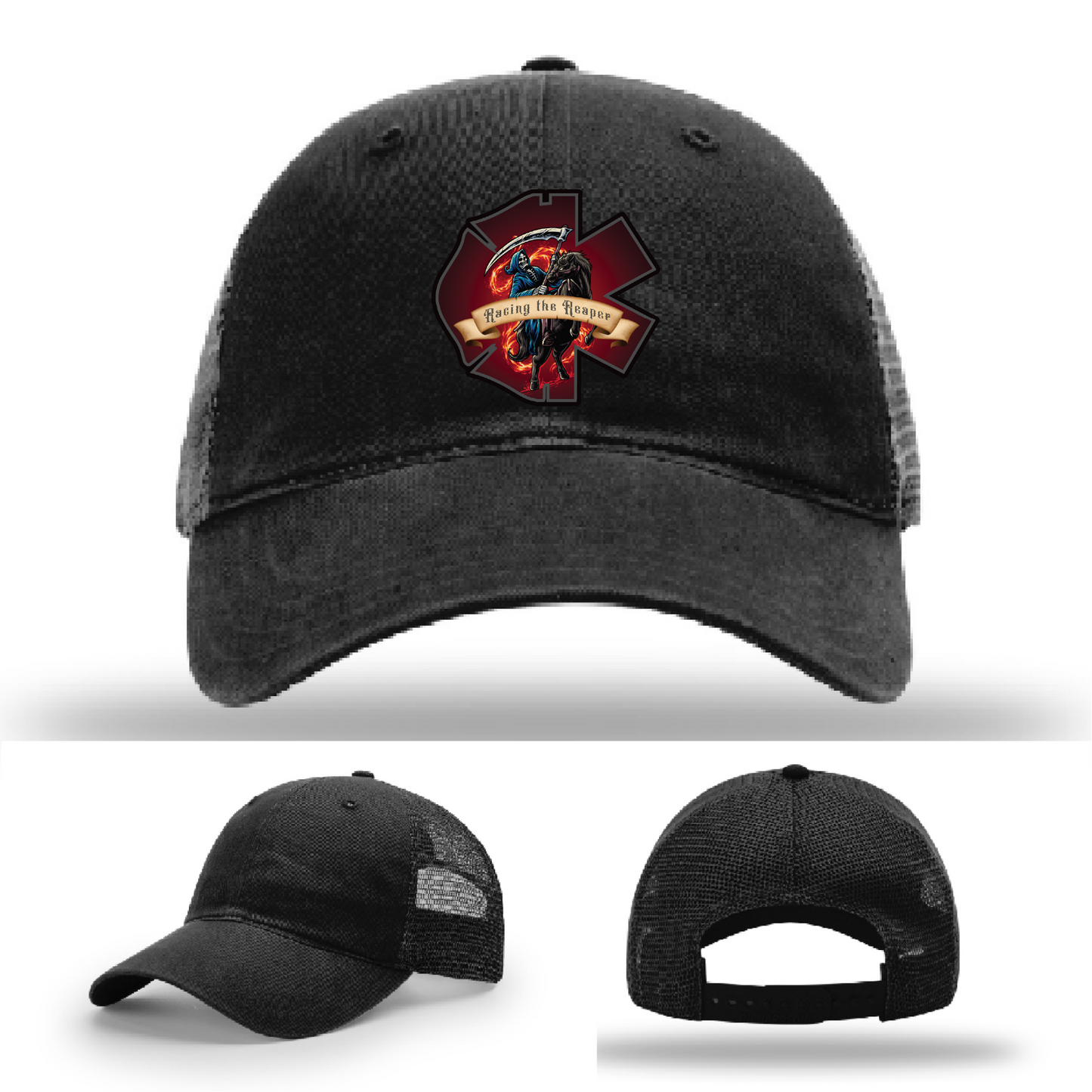 Multiple Racing the Reaper leather designs – firefighter patches on Richardson hats