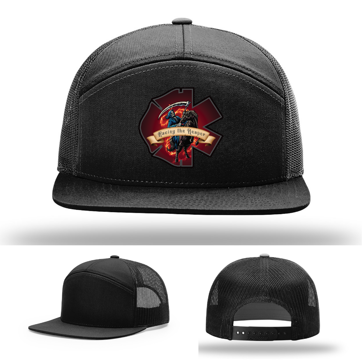 Richardson patch hat options – Racing the Reaper leather firefighter variants