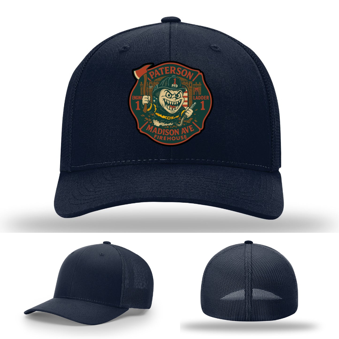 Ladder Co 1 fire patch on Richardson hat – leather firefighter design from Paterson FD