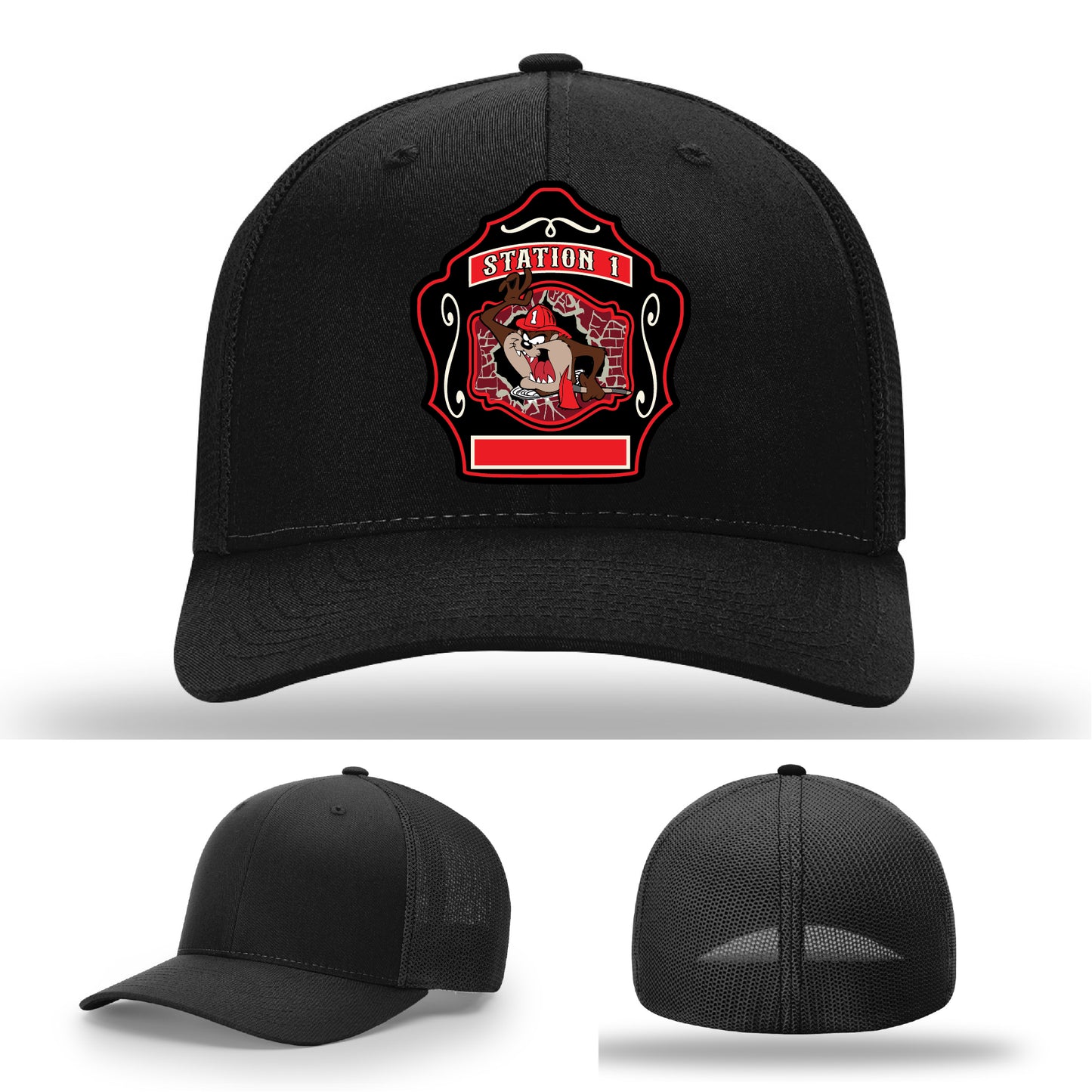 Western Taney Station 1 firefighter hat with custom leather patch front