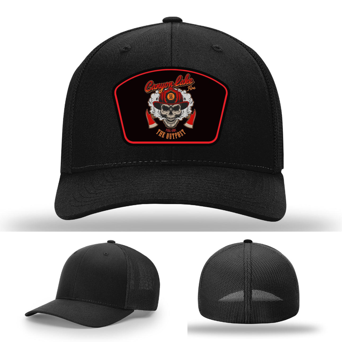 firefighter hat featuring Canyon Lake Fire/EMS patch design