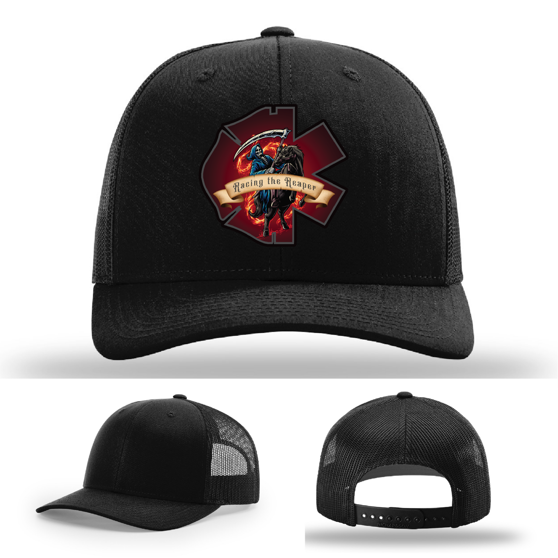 Firefighter leather patch options – Racing the Reaper designs featured on Richardson hats