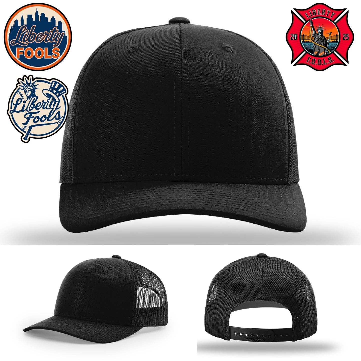 Liberty City FOOLS firefighter hat logo variants β hat variant mockup for FOOLS design selection.