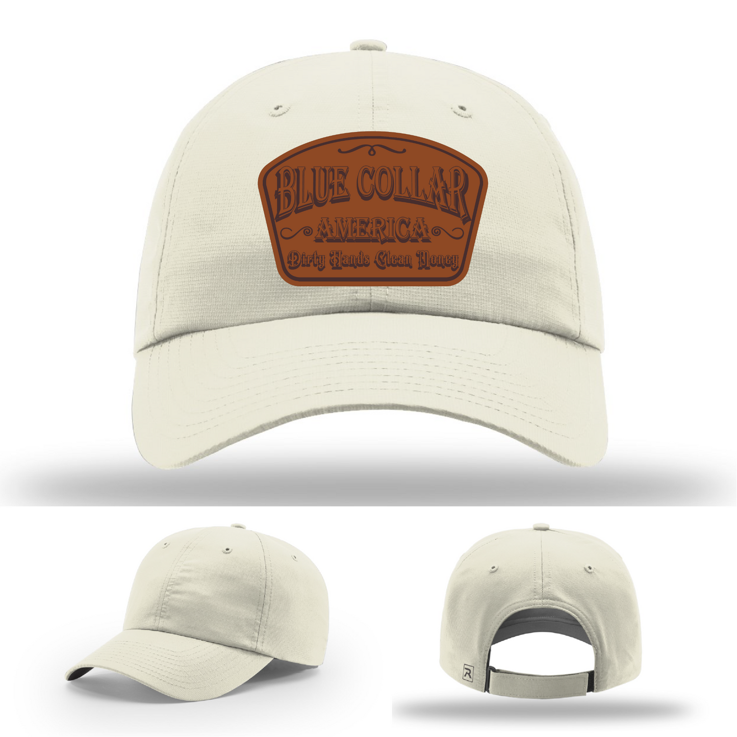 Richardson leather patch hat with 'Blue Collar America β Dirty Hands Clean Money