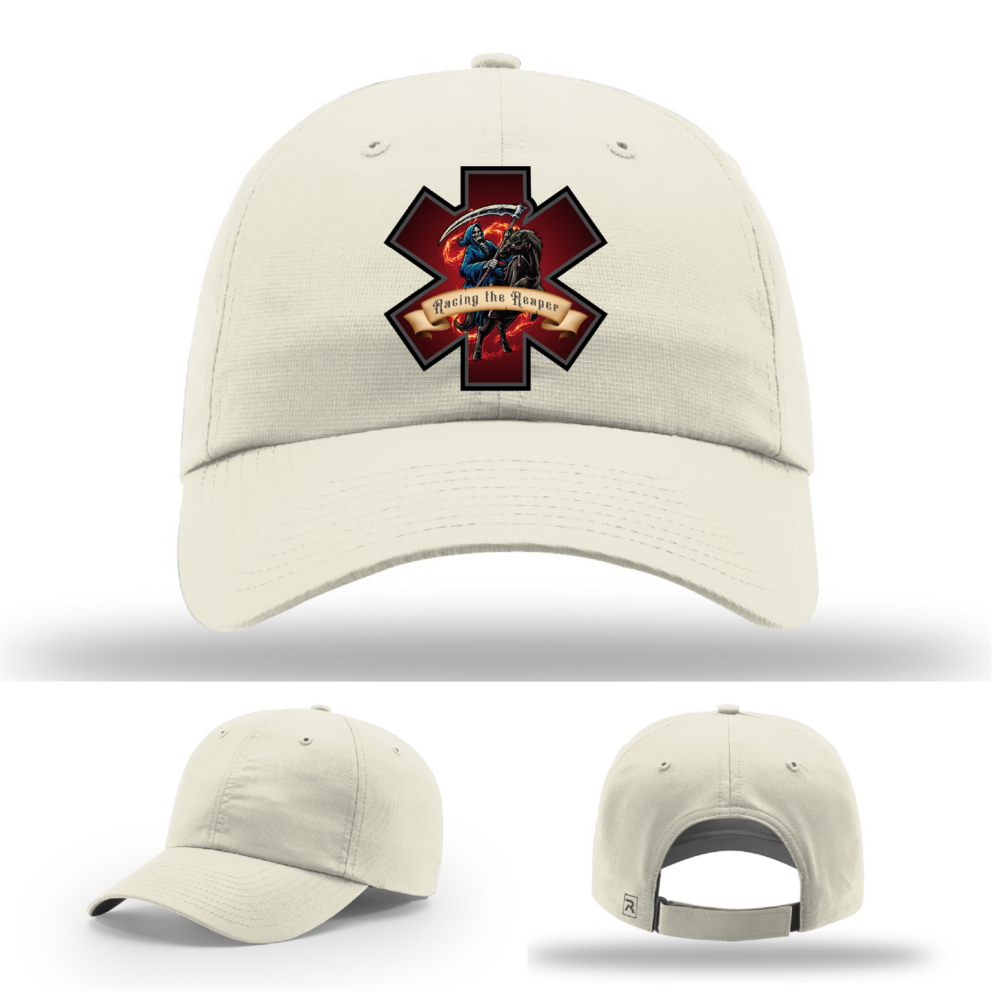 Grim Reaper patch variants – Racing the Reaper firefighter logos on leather hats