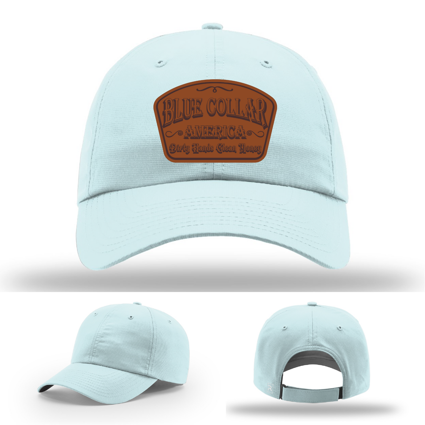 Richardson leather patch hat with 'Blue Collar America β Dirty Hands Clean Money