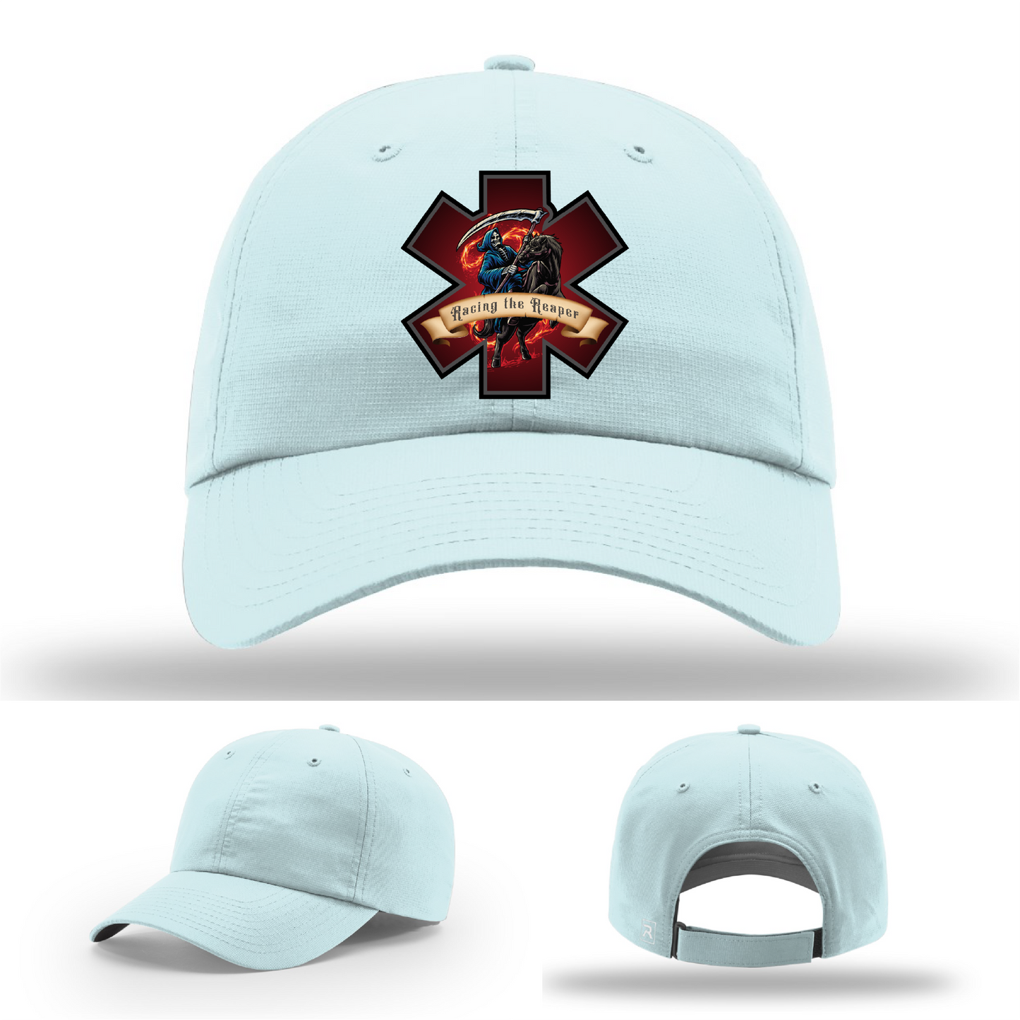 Racing the Reaper firefighter hat logo variants – displaying multiple Grim Reaper leather patch designs on Richardson hats