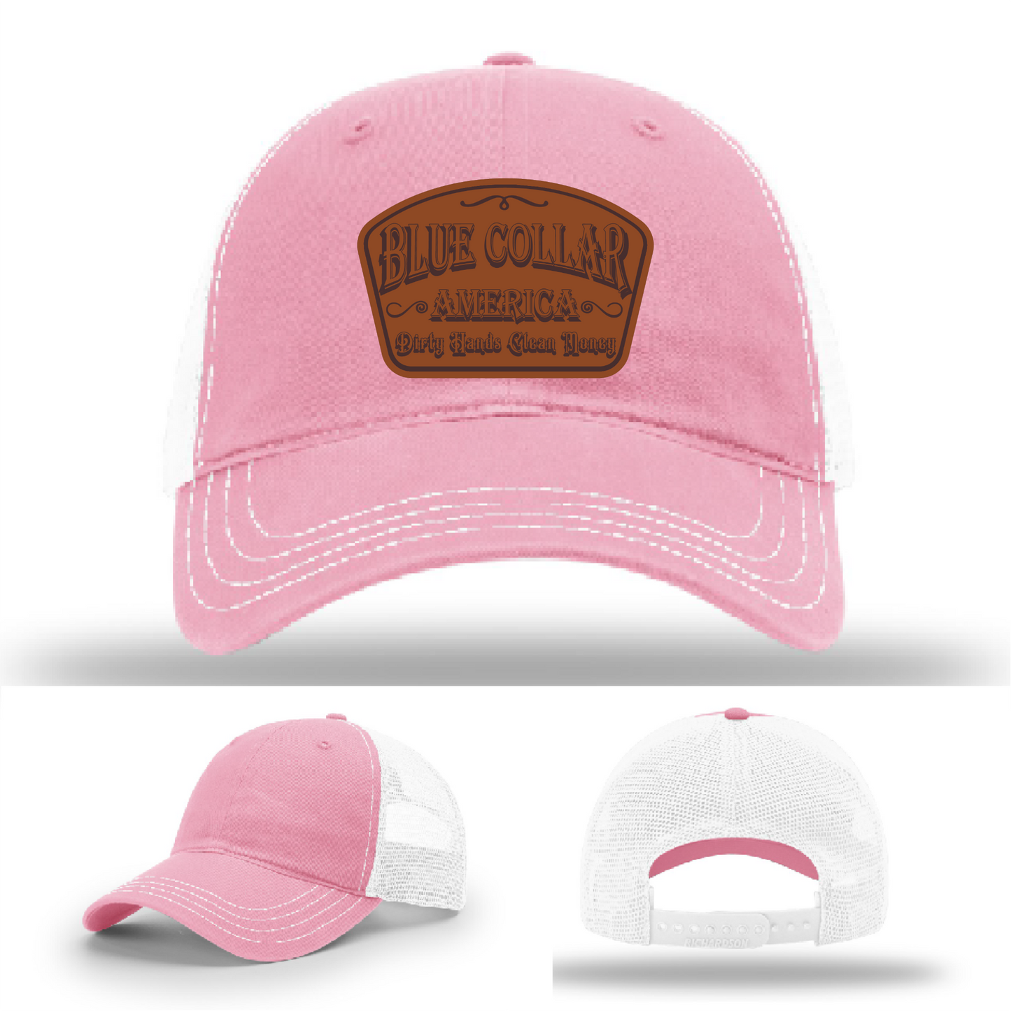 Richardson leather patch hat with 'Blue Collar America β Dirty Hands Clean Money