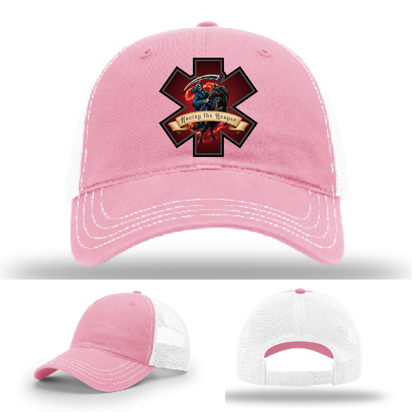 EMS hat logo variants – featuring Racing the Reaper patch designs on Richardson brand leather patch hats
