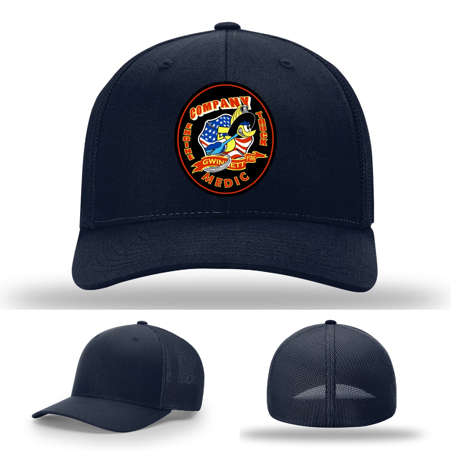 Fire service apparel with Gwinnett fire patch on Richardson-style hat
