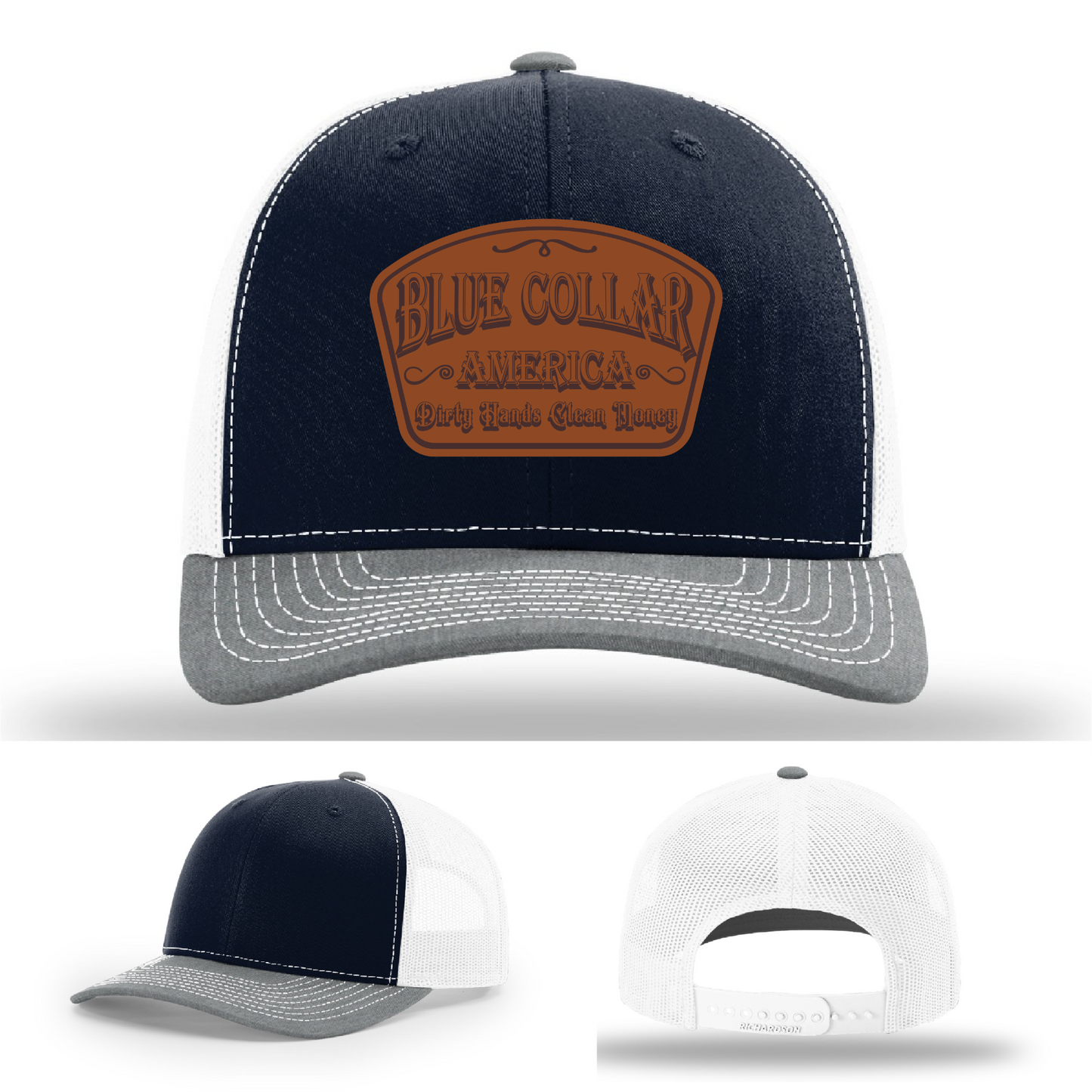 Richardson leather patch hat with 'Blue Collar America β Dirty Hands Clean Money