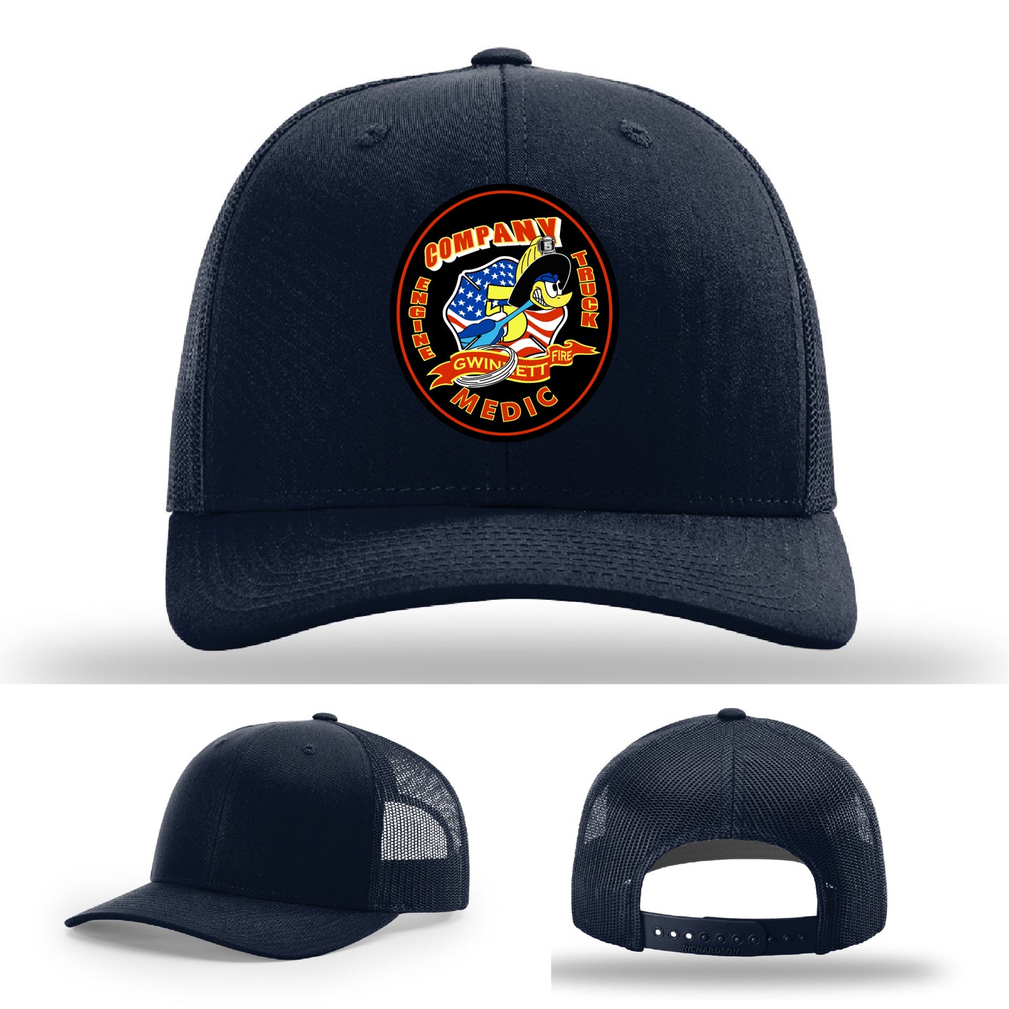 Custom firefighter hat with Gwinnett department patch on Richardson hat