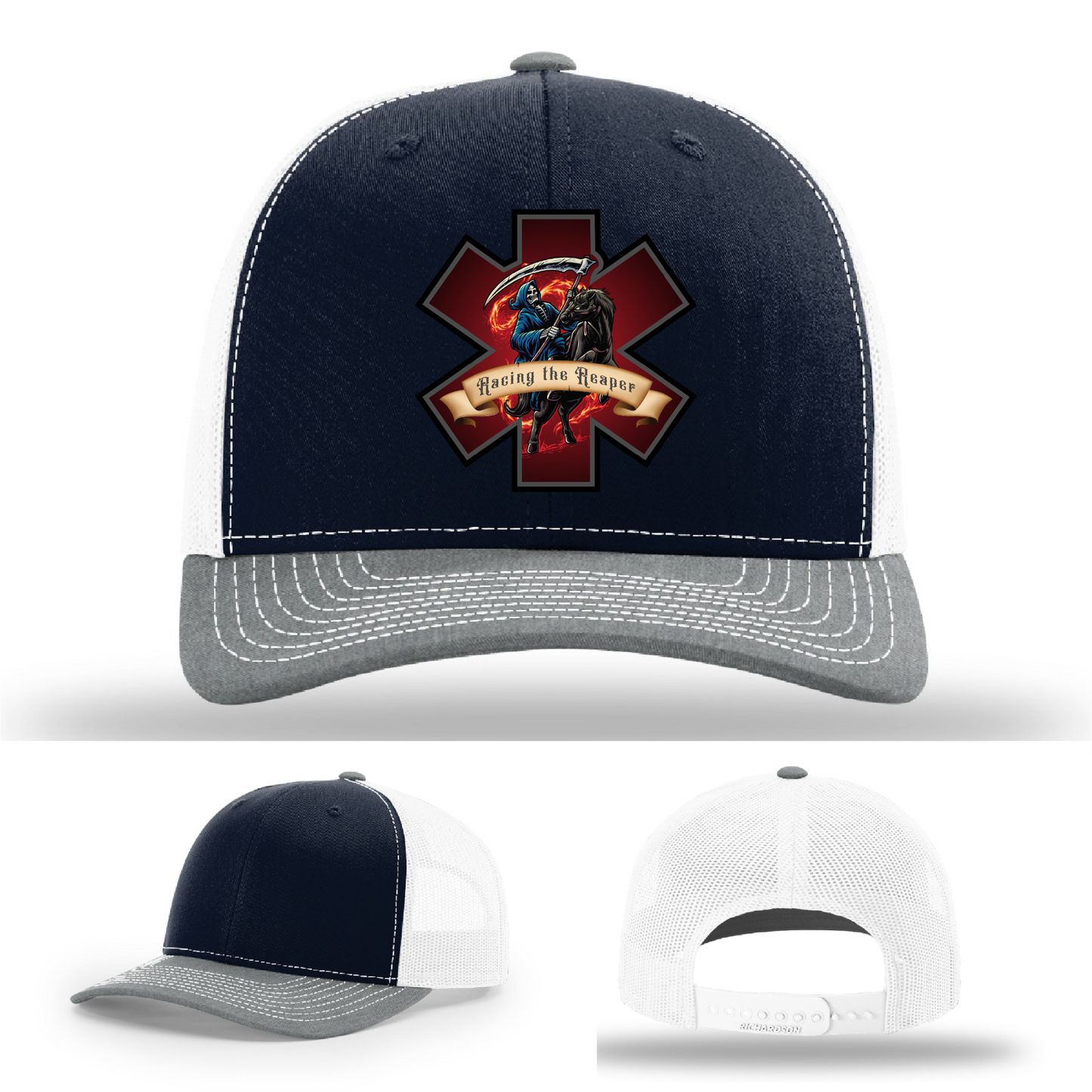 Grim Reaper firefighter patch variations – leather EMS logo styles on Richardson hats
