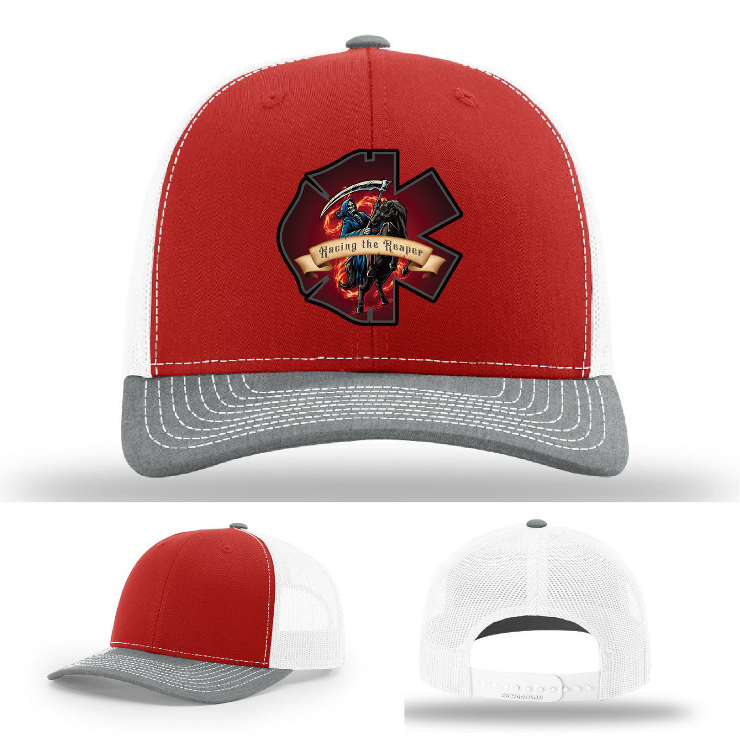 Firefighter EMS hat logo variants – Racing the Reaper theme with Grim Reaper leather designs