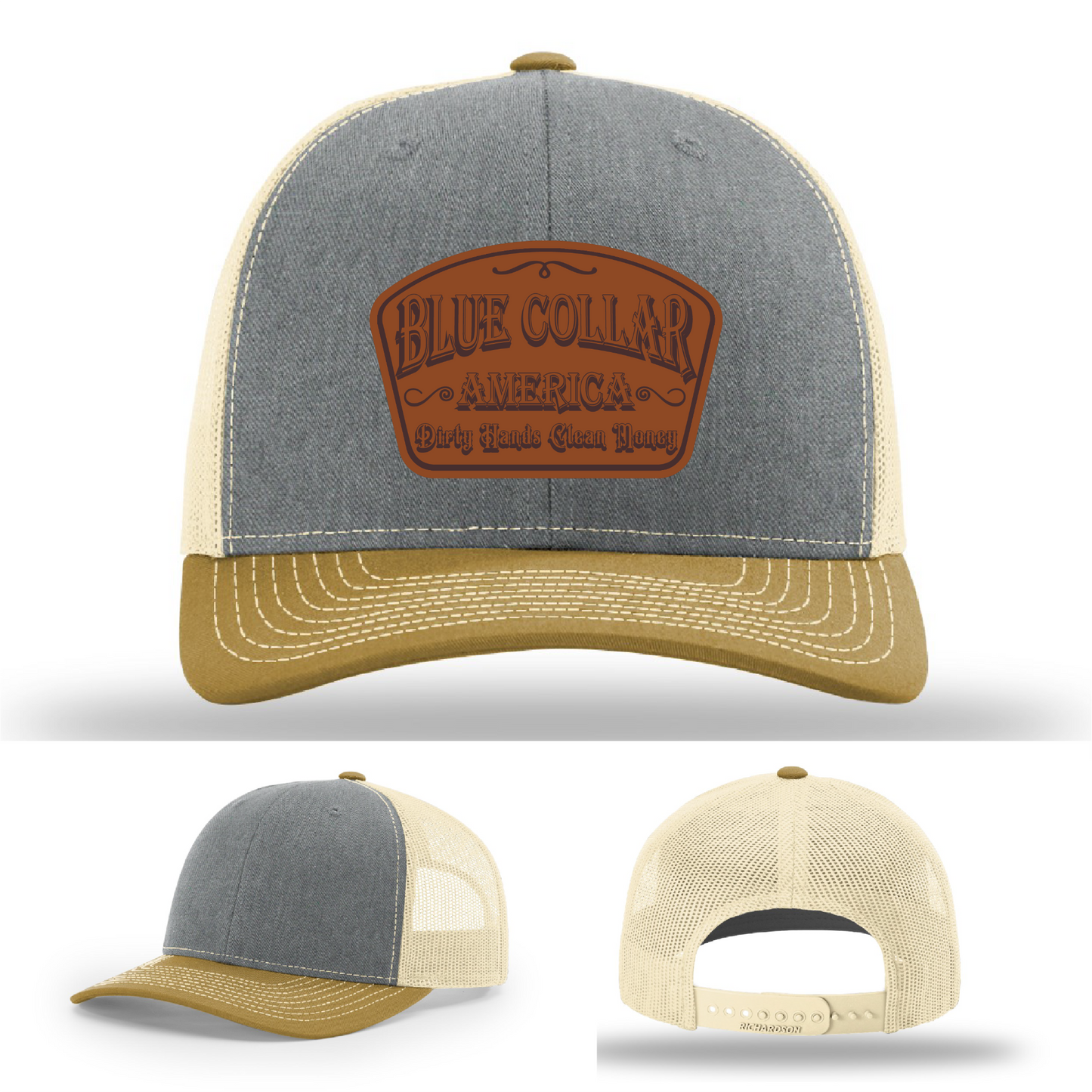 Richardson leather patch hat with 'Blue Collar America β Dirty Hands Clean Money