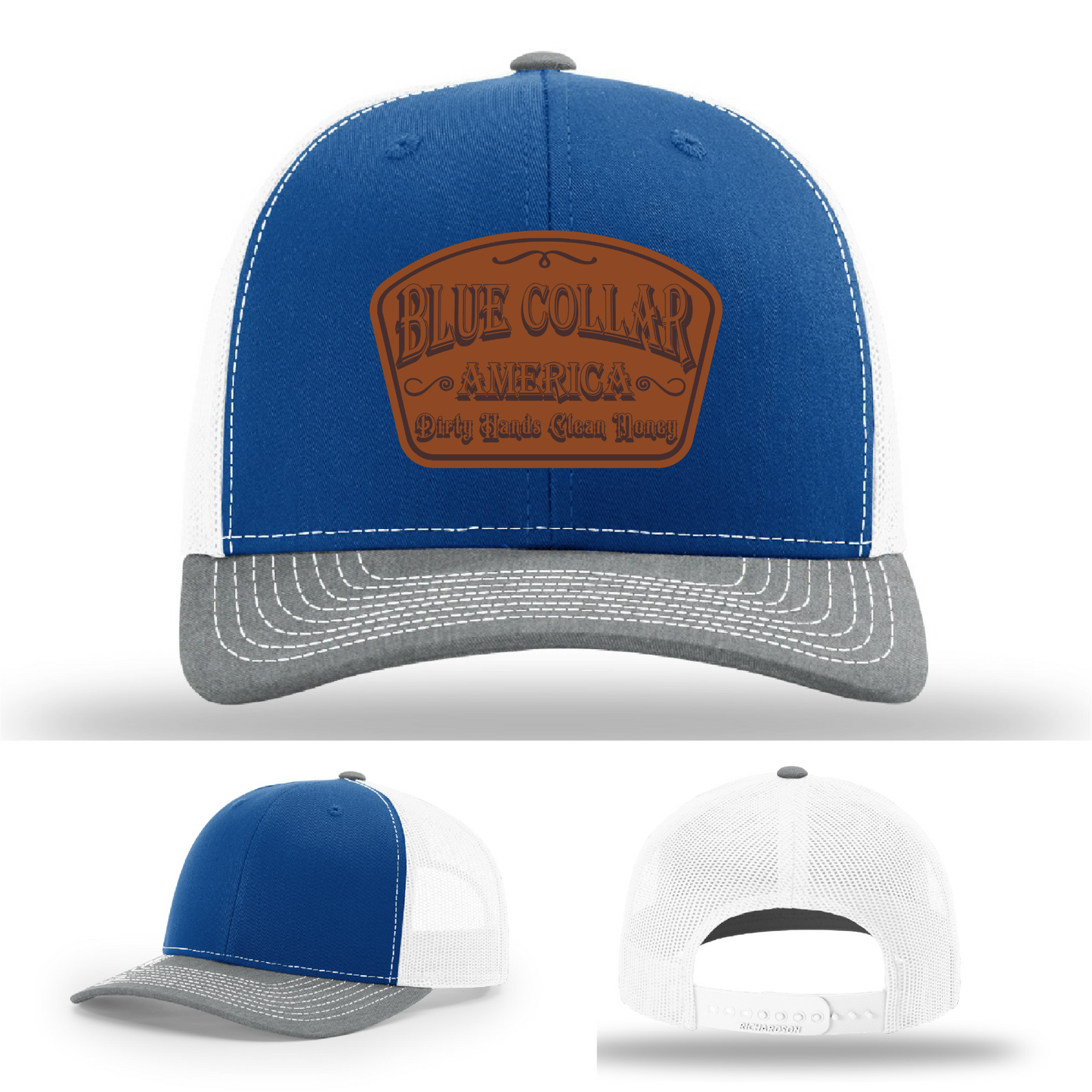 Richardson leather patch hat with 'Blue Collar America β Dirty Hands Clean Money