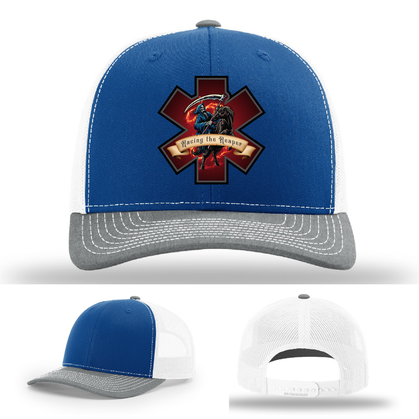 Richardson hat logo options – featuring firefighter leather patches with Racing the Reaper imagery