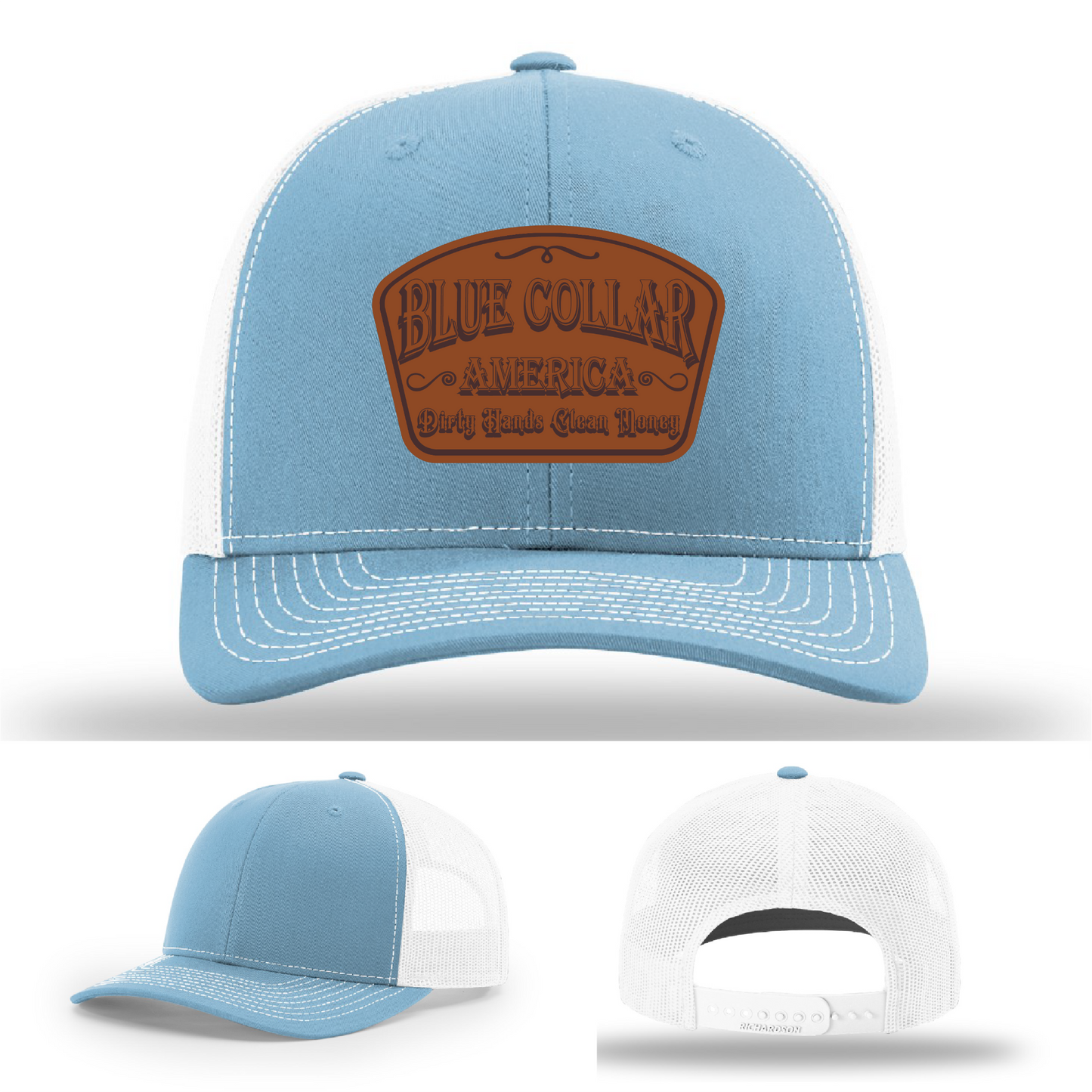 Richardson leather patch hat with 'Blue Collar America β Dirty Hands Clean Money
