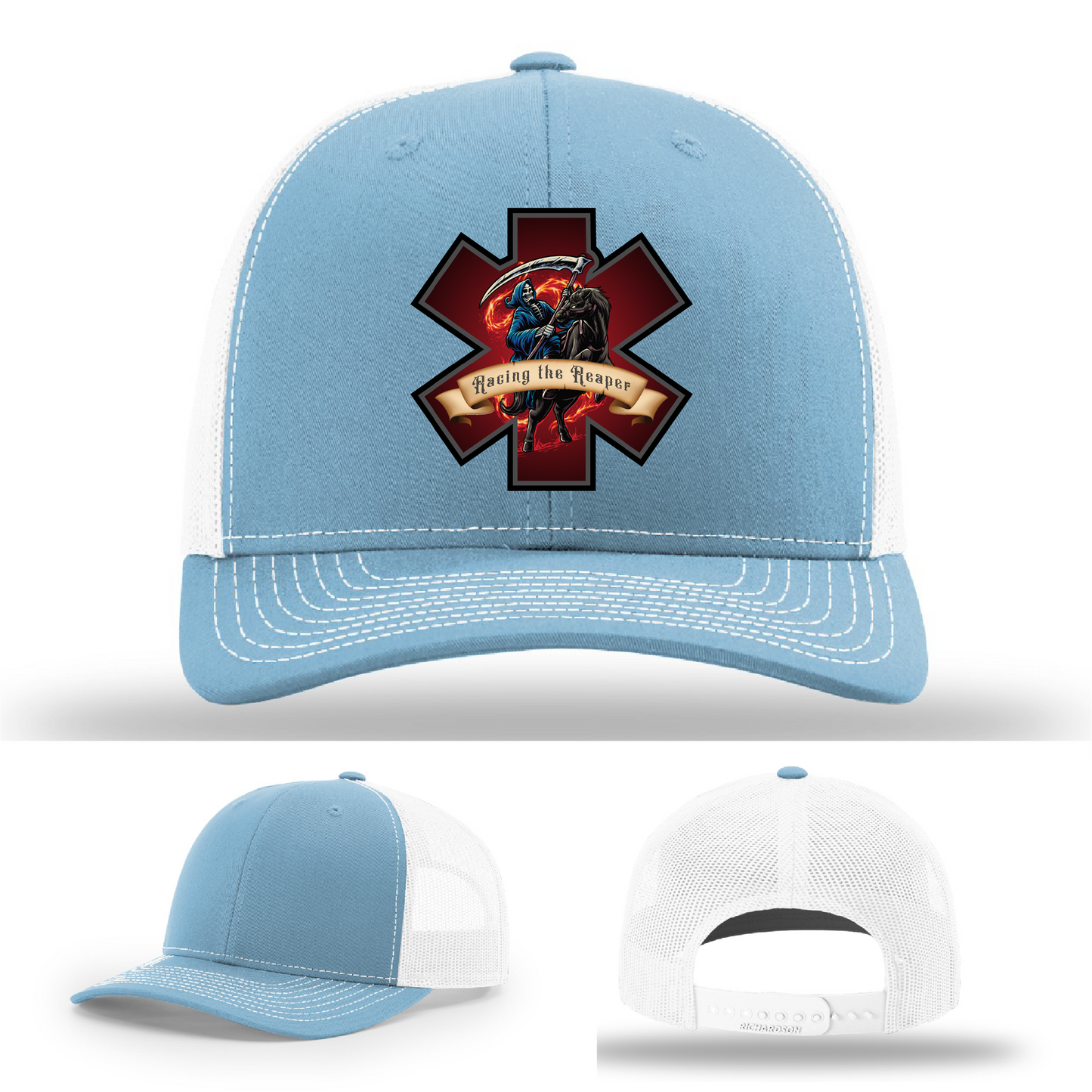 Leather patch variants – Racing the Reaper EMS logo with Grim Reaper design on Richardson hats