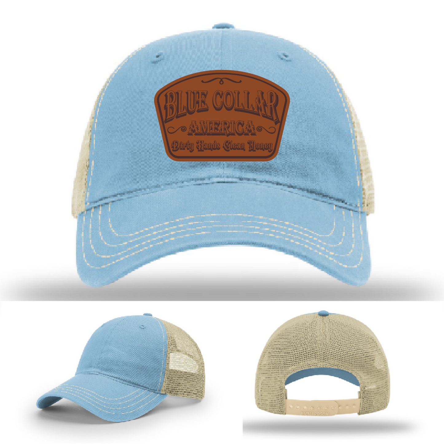 Richardson leather patch hat with 'Blue Collar America β Dirty Hands Clean Money
