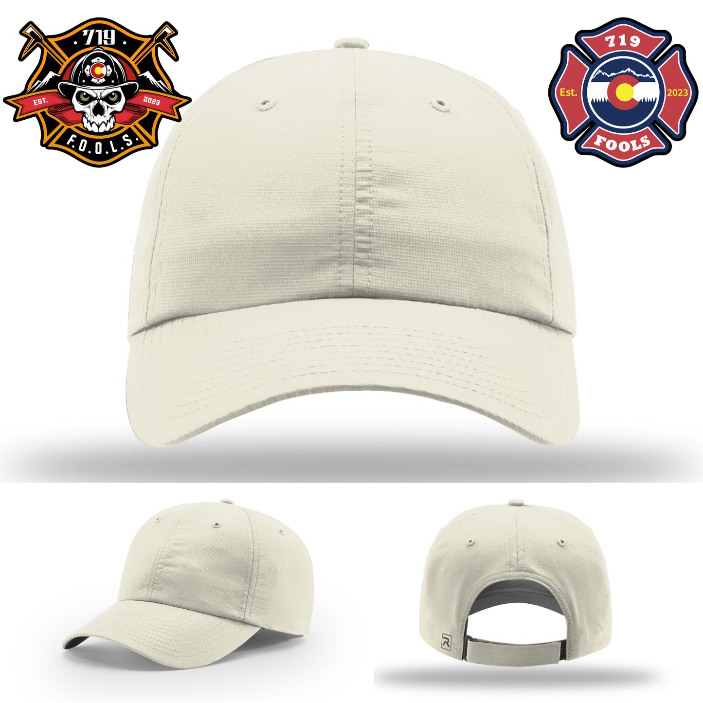719 FOOLS firefighter leather patch on Richardson hat with skull and axes