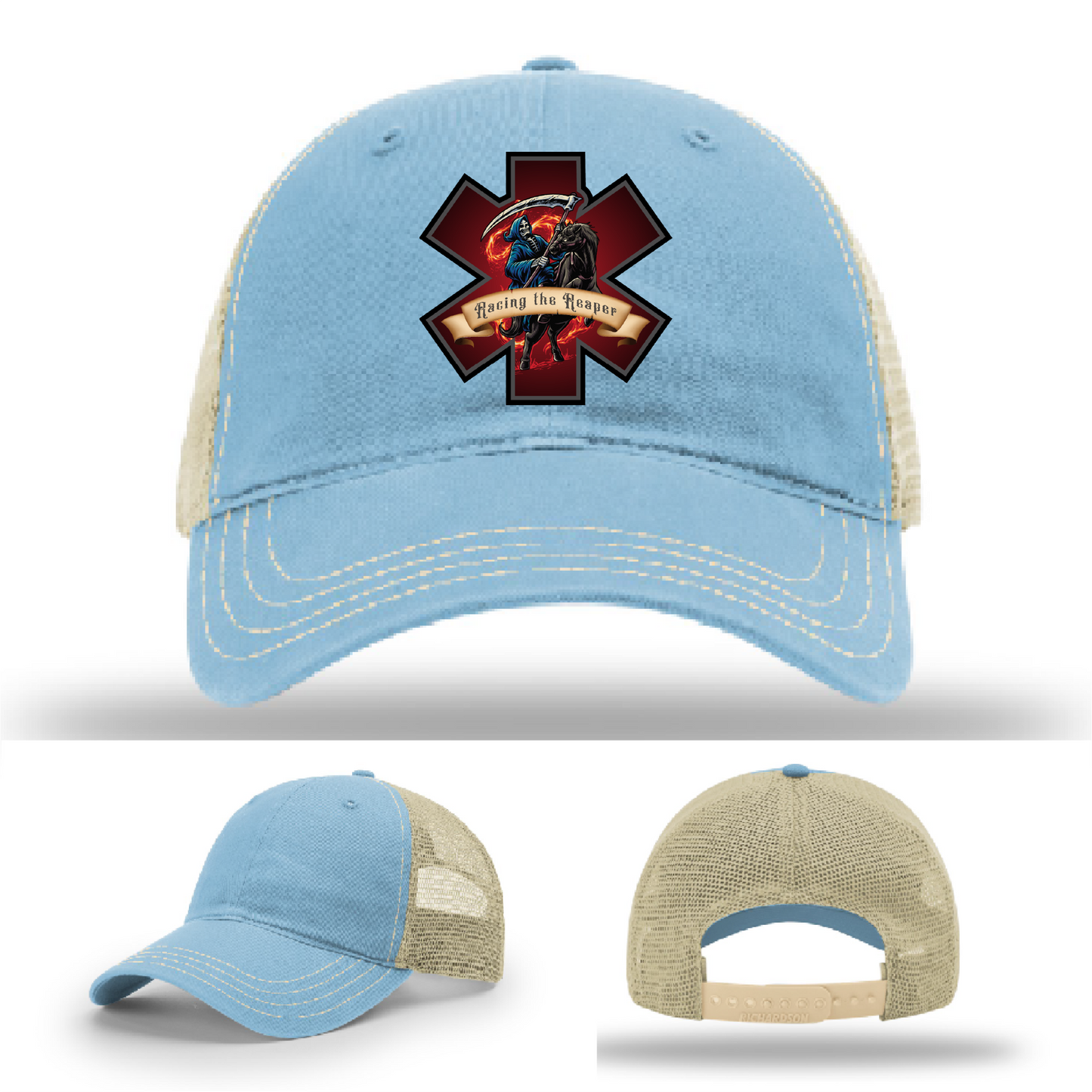 Racing the Reaper patch styles – firefighter hat logo variants with leather detailing