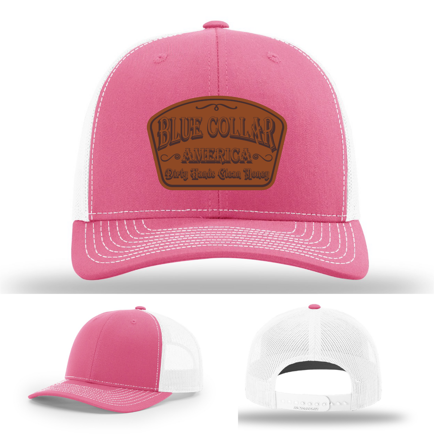 Richardson leather patch hat with 'Blue Collar America β Dirty Hands Clean Money